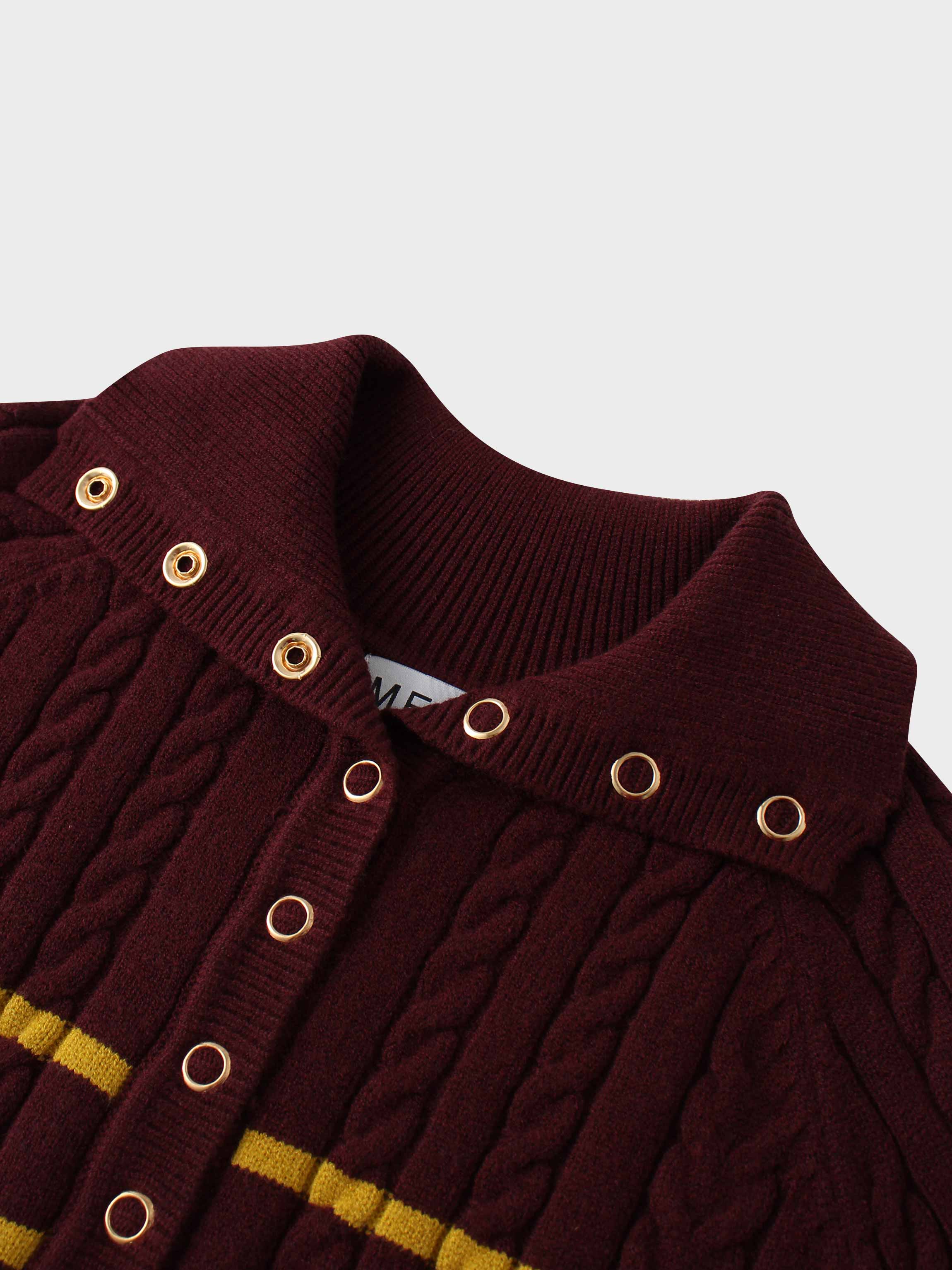 Shawl Snap Collar Striped Cable Sweater-Burgundy/Yellow