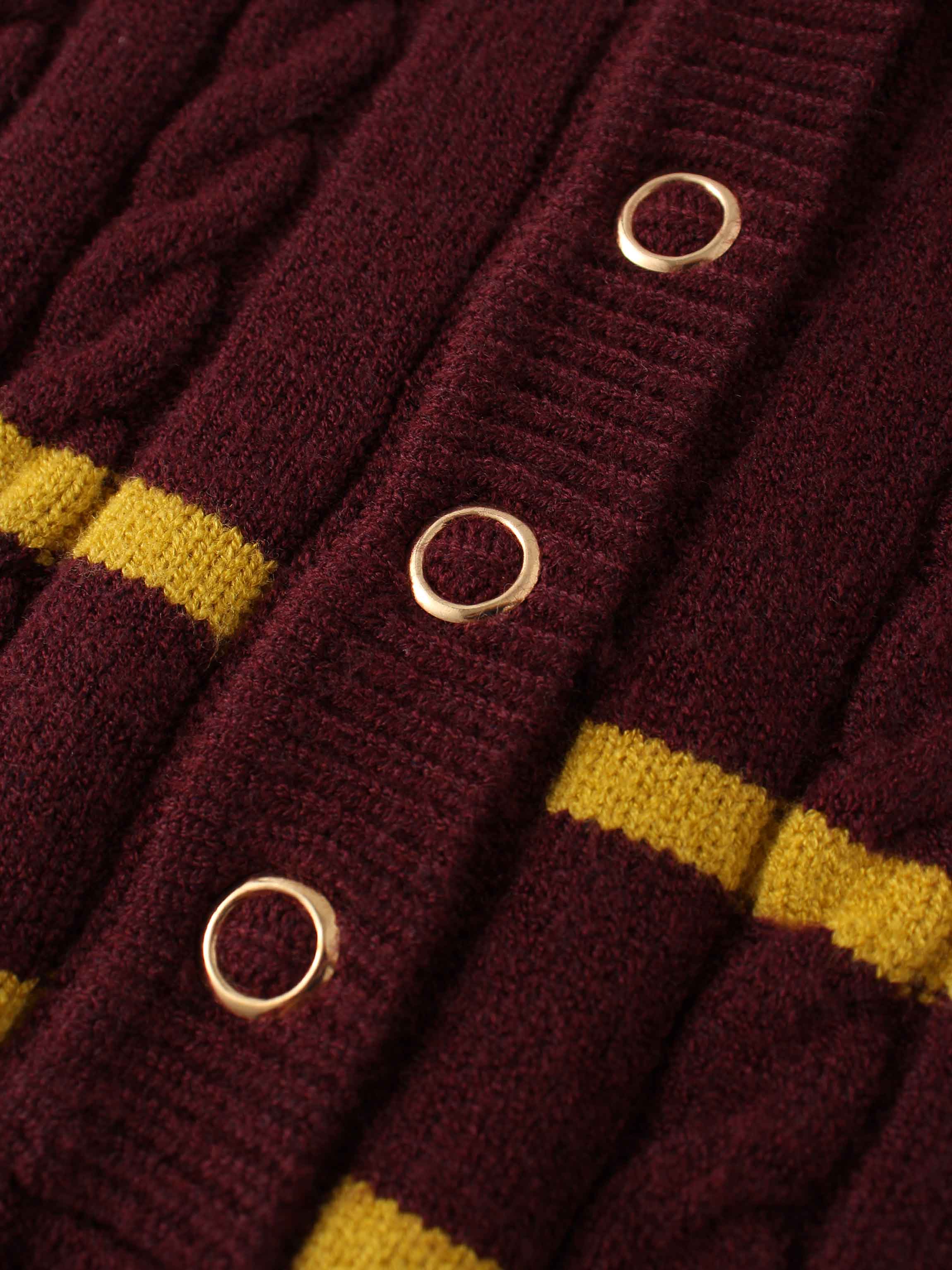 Shawl Snap Collar Striped Cable Sweater-Burgundy/Yellow