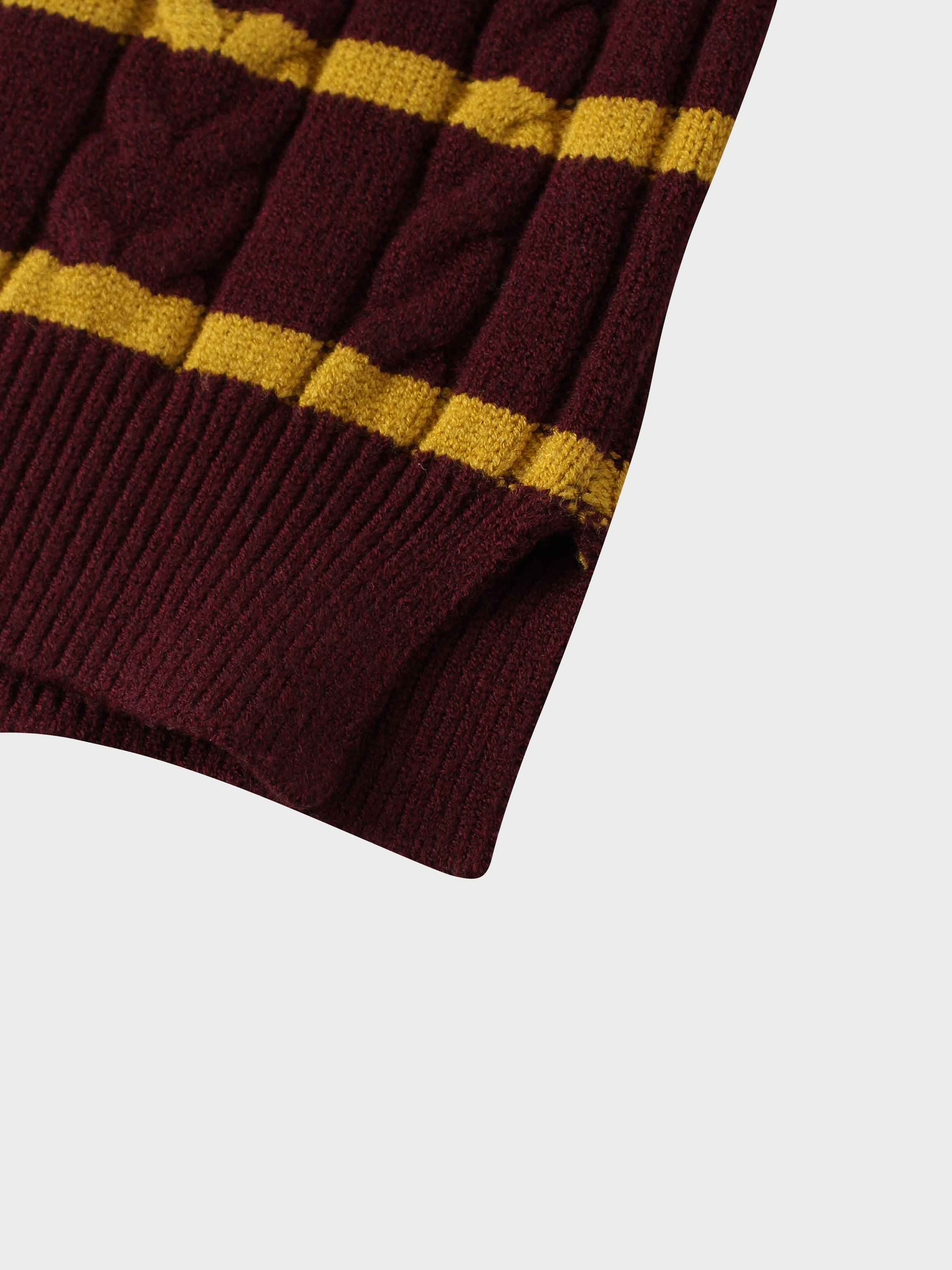 Shawl Snap Collar Striped Cable Sweater-Burgundy/Yellow