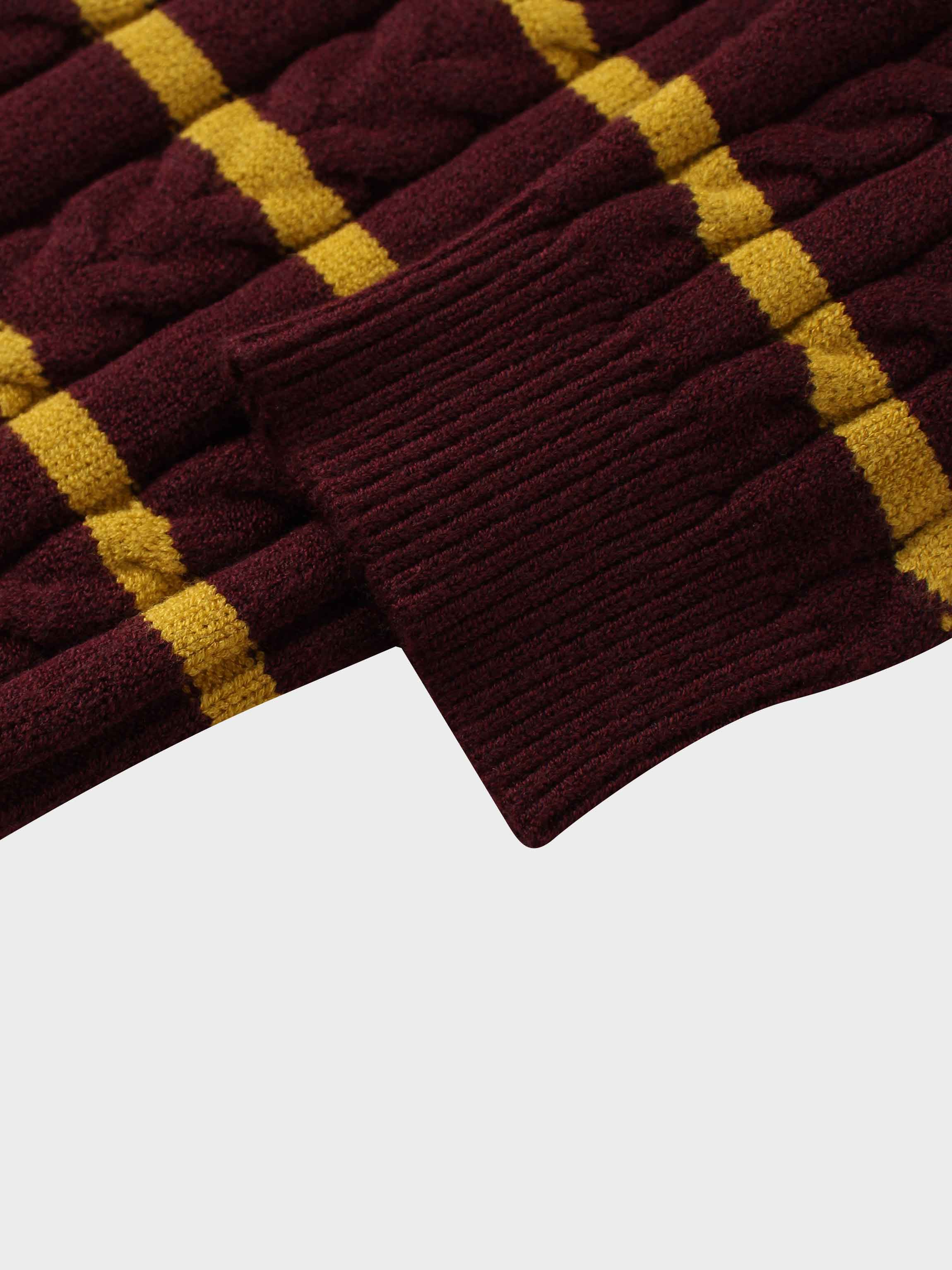 Shawl Snap Collar Striped Cable Sweater-Burgundy/Yellow