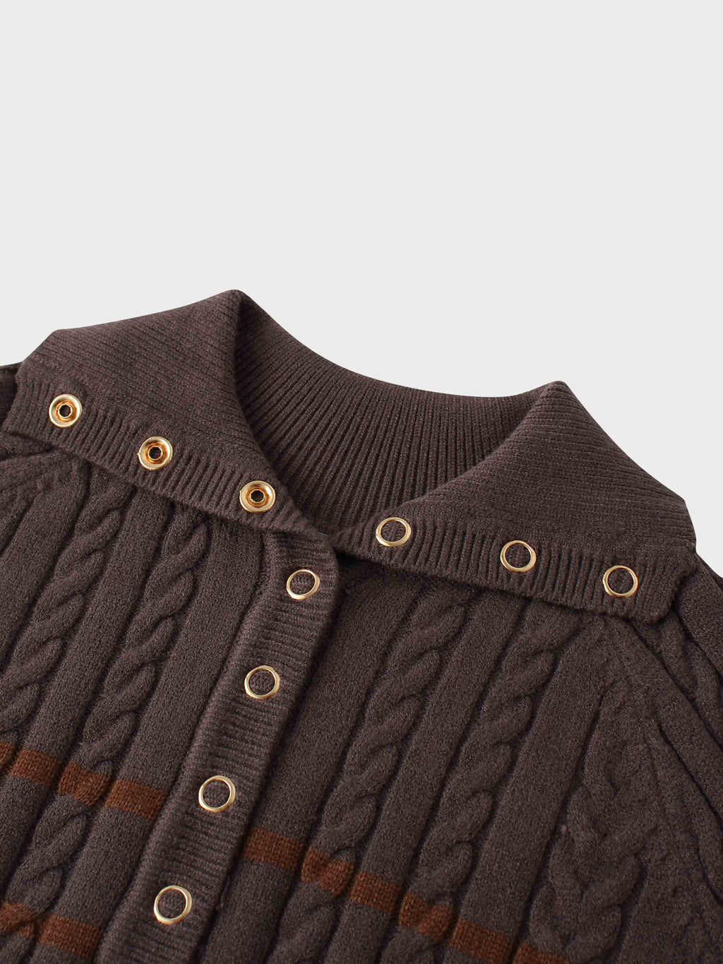 Shawl Snap Collar Striped Cable Sweater-Grey/Brown