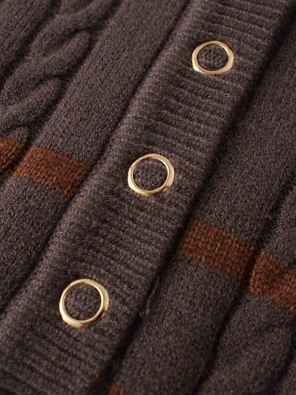 Shawl Snap Collar Striped Cable Sweater-Grey/Brown