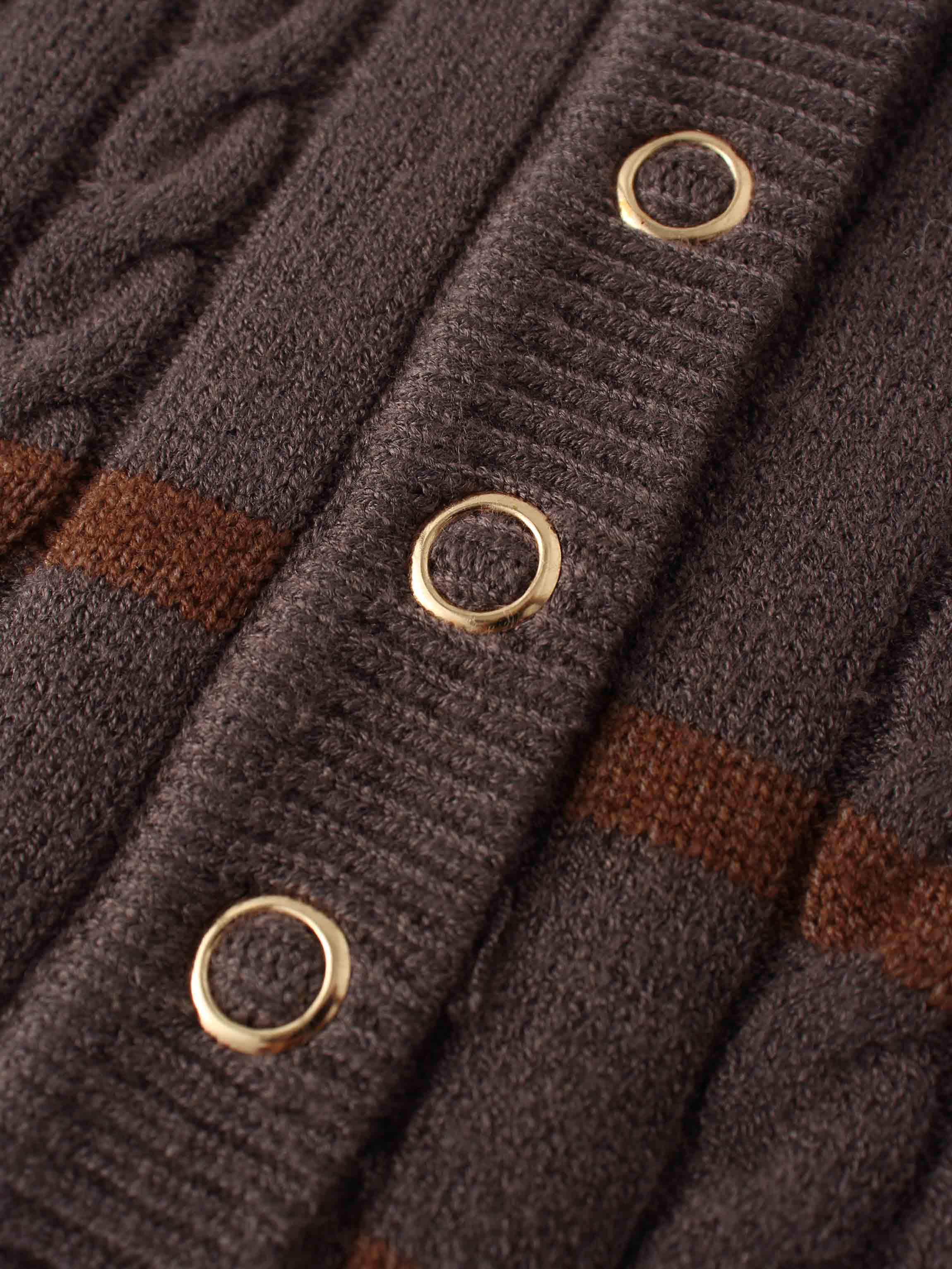 Shawl Snap Collar Striped Cable Sweater-Grey/Brown