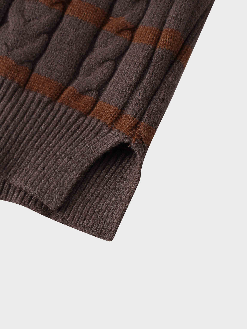 Shawl Snap Collar Striped Cable Sweater-Grey/Brown