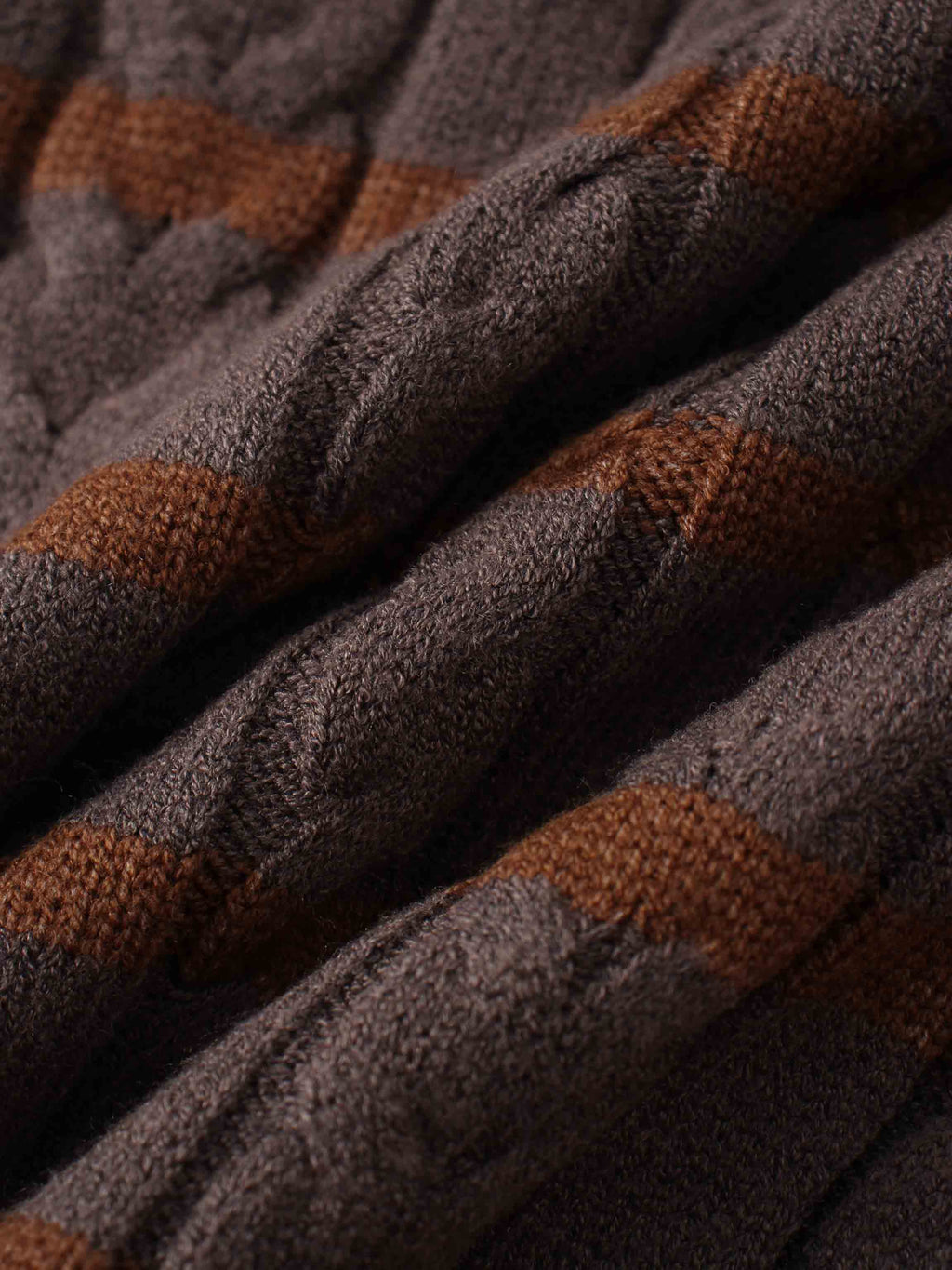 Shawl Snap Collar Striped Cable Sweater-Grey/Brown