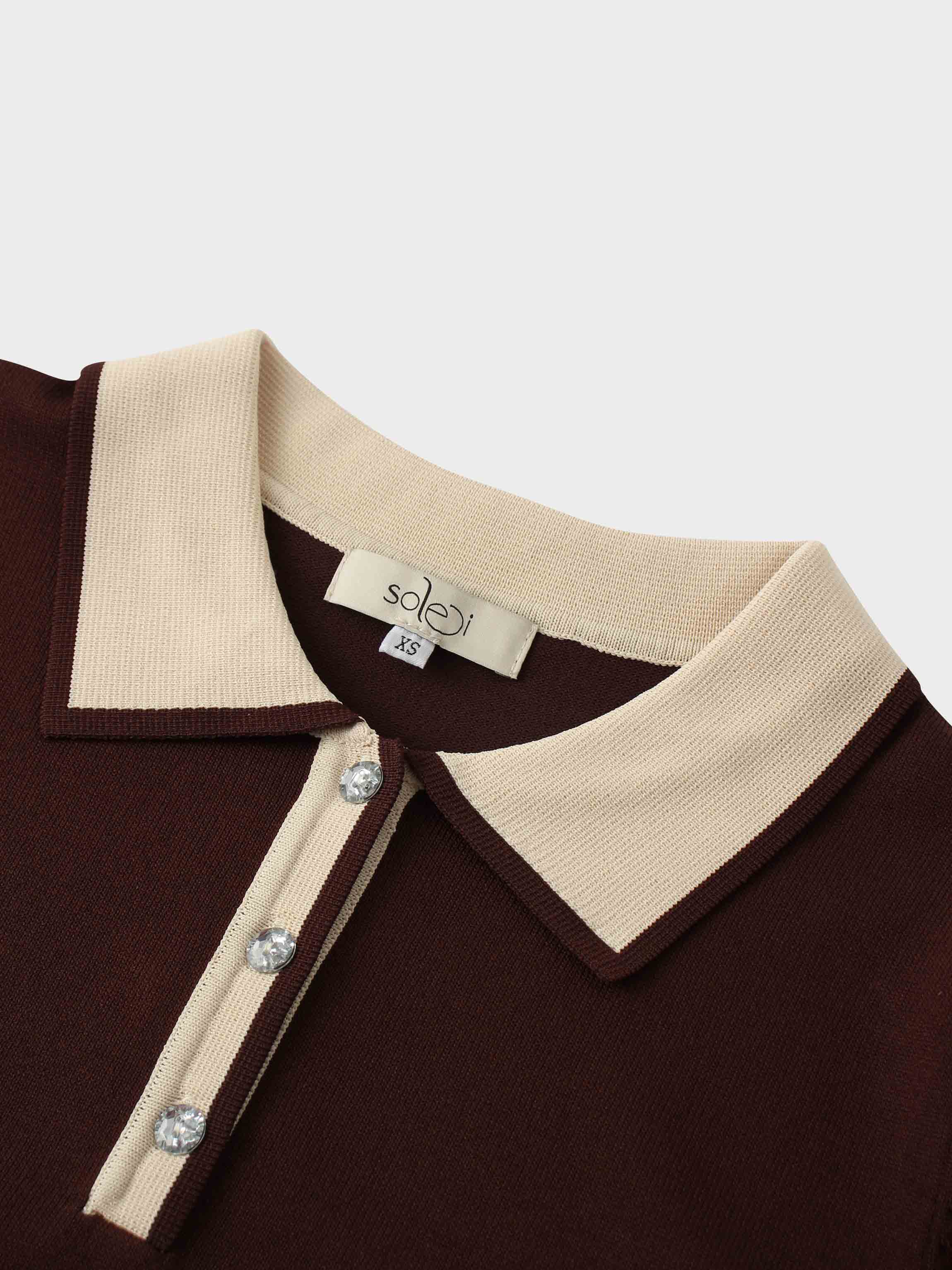 Jewel Button Collar Sweater-Brown/Tan