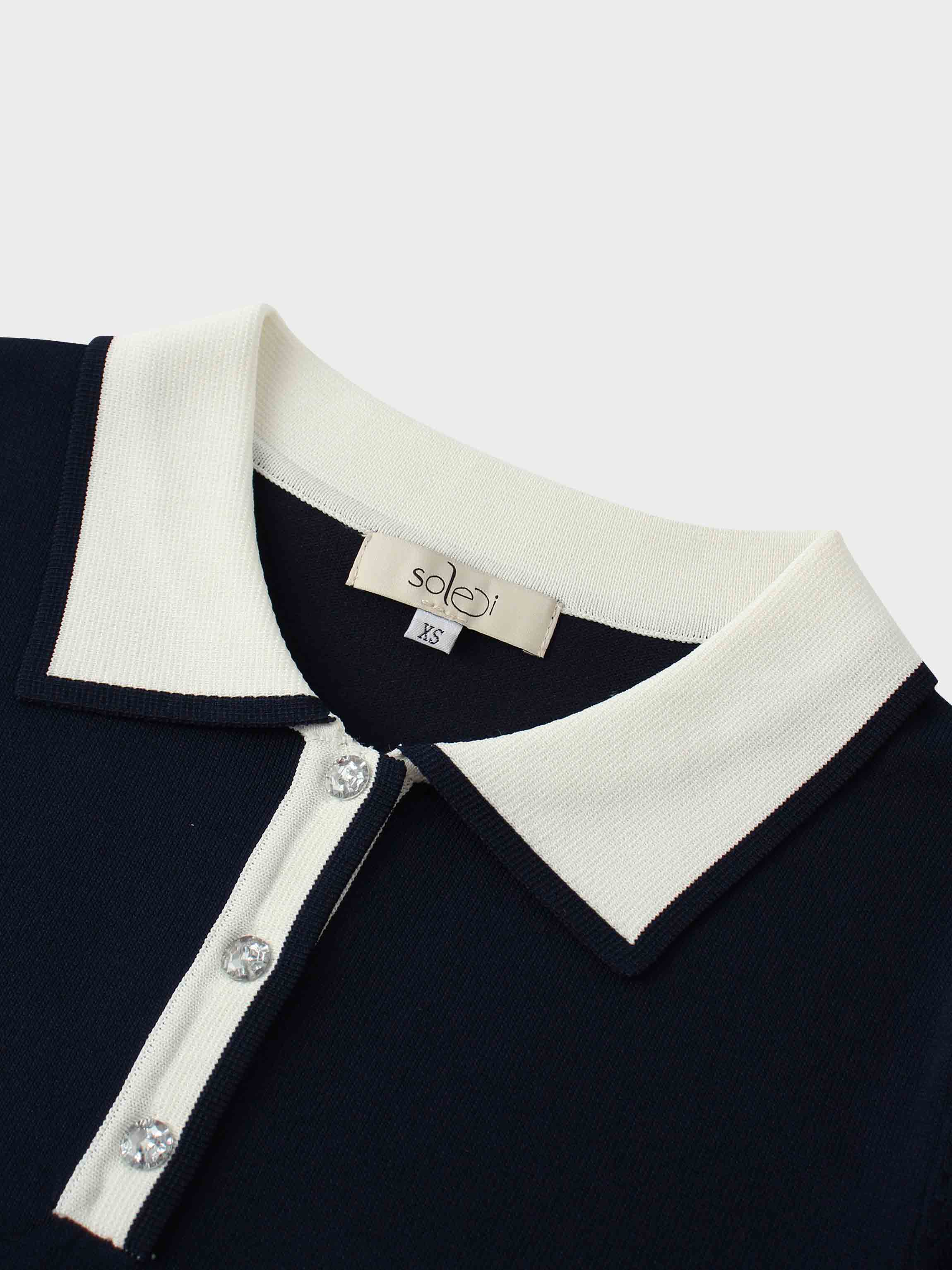 Jewel Button Collar Sweater-Navy/Cream
