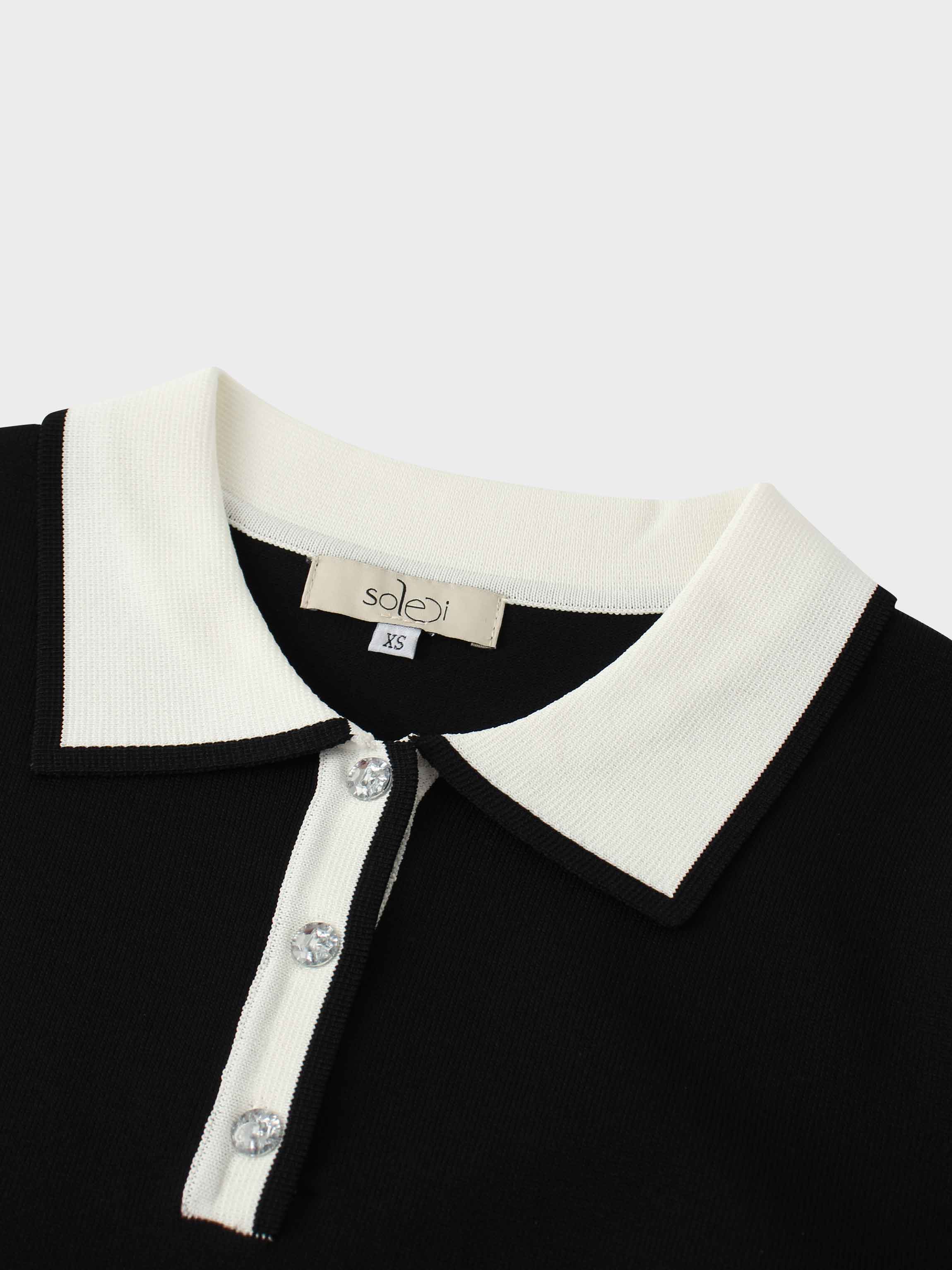 Jewel Button Collar Sweater-Black/Cream