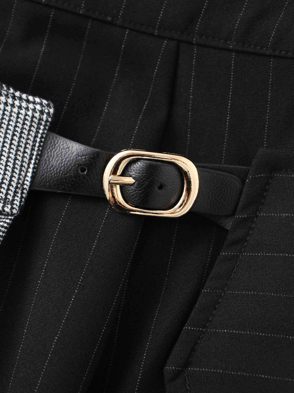 Faux Wrap Pleated Front Buckle Skirt-Pinstripe/Plaid