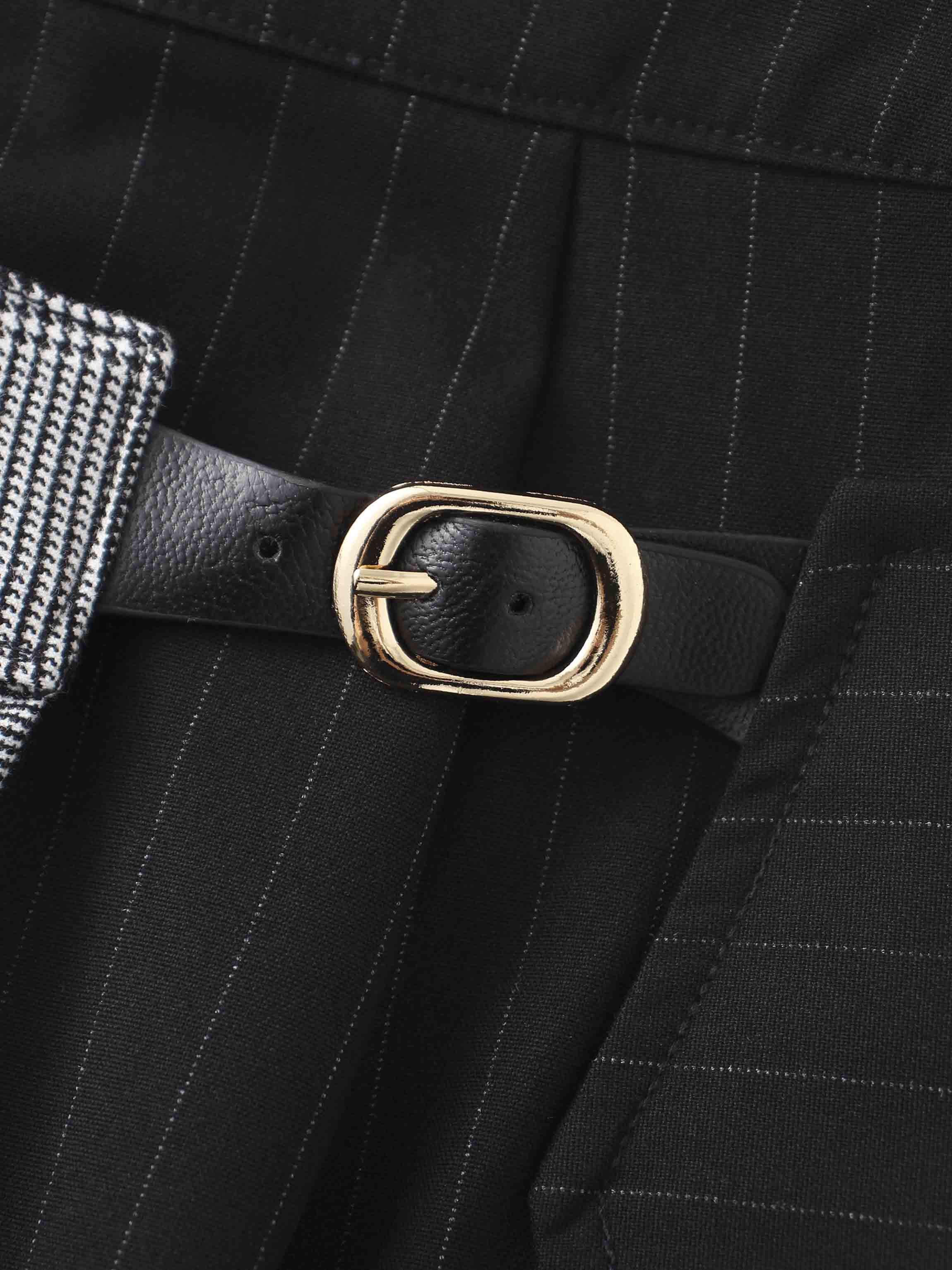 Faux Wrap Pleated Front Buckle Skirt-Pinstripe/Plaid