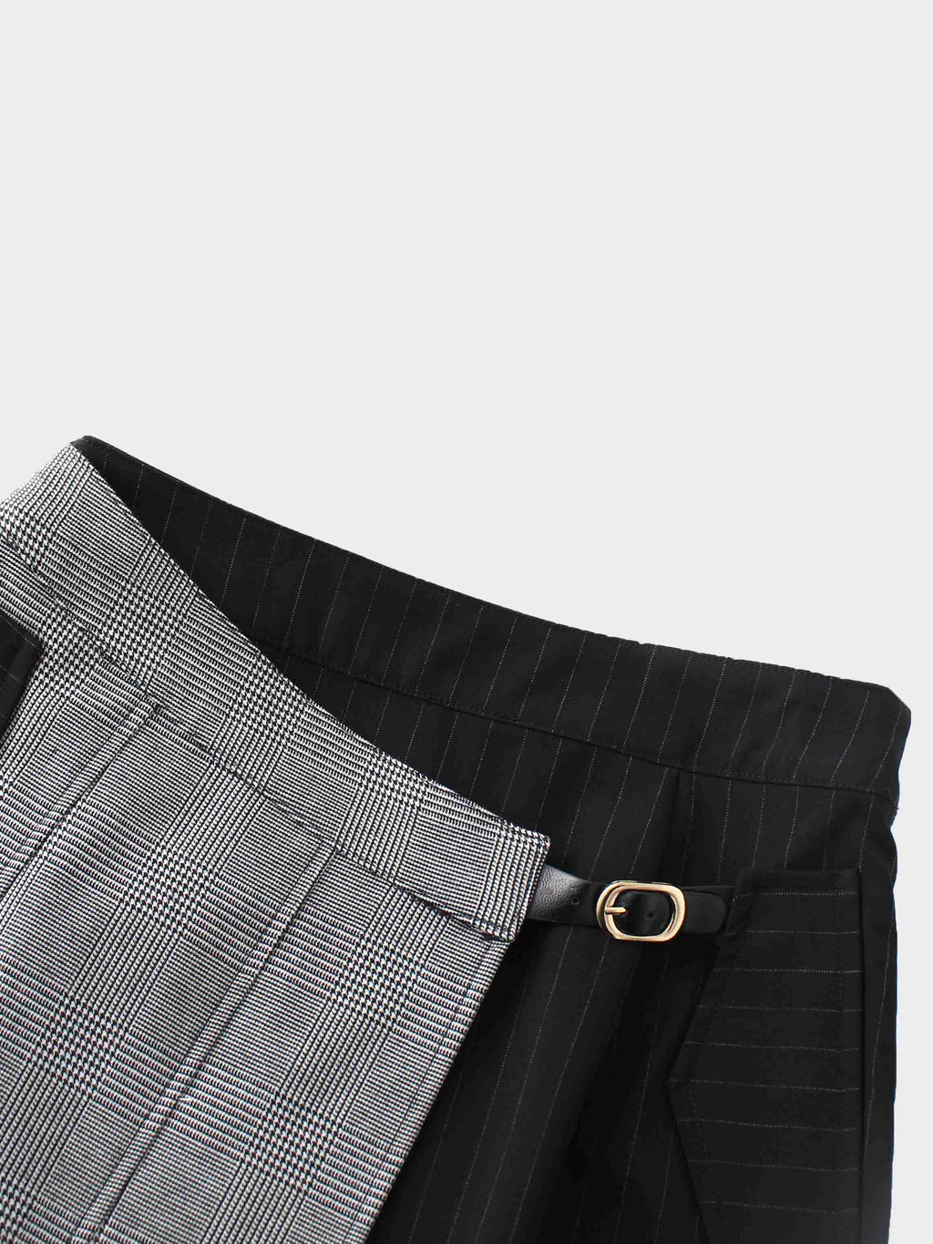 Faux Wrap Pleated Front Buckle Skirt-Pinstripe/Plaid