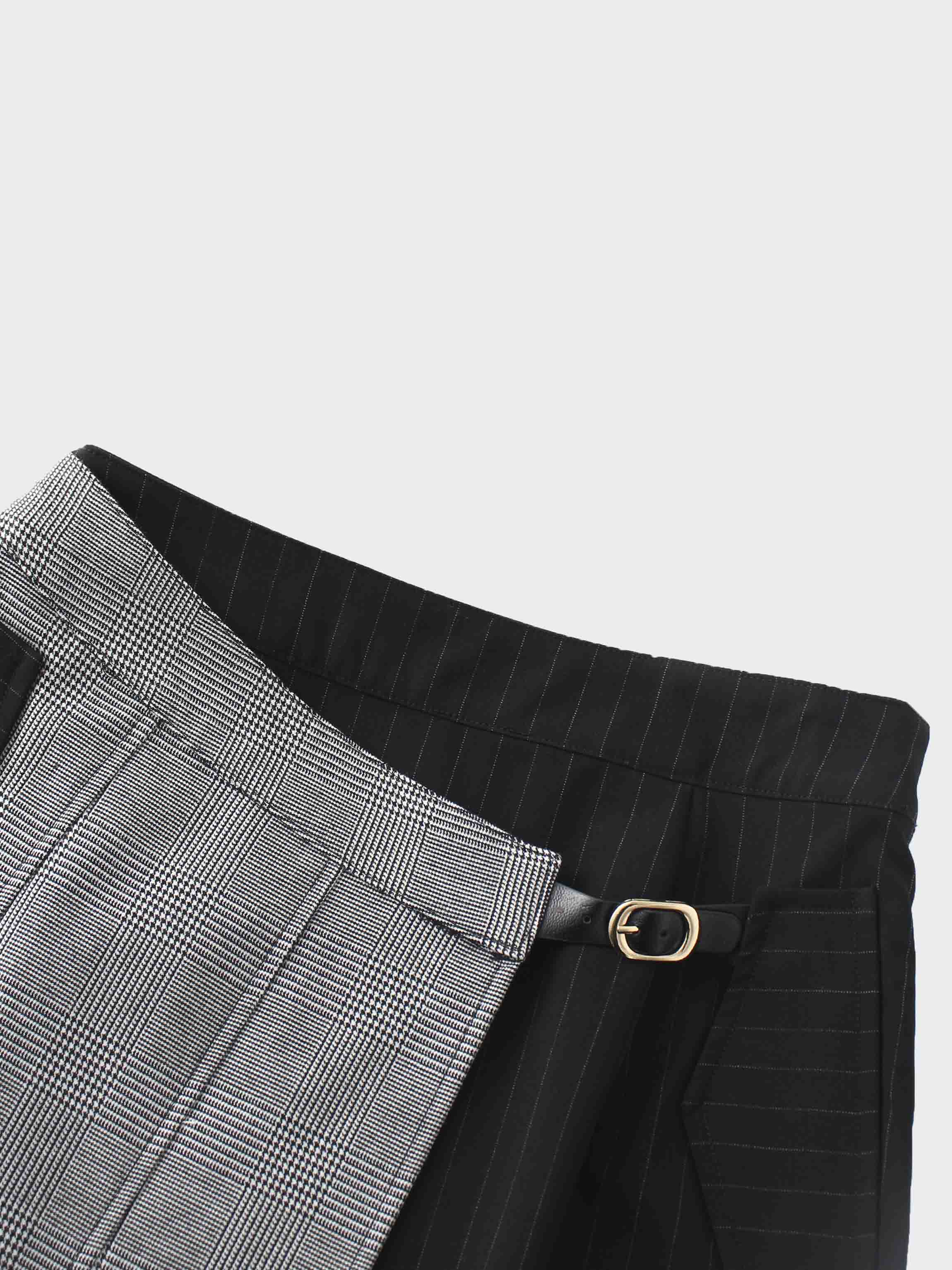 Faux Wrap Pleated Front Buckle Skirt-Pinstripe/Plaid