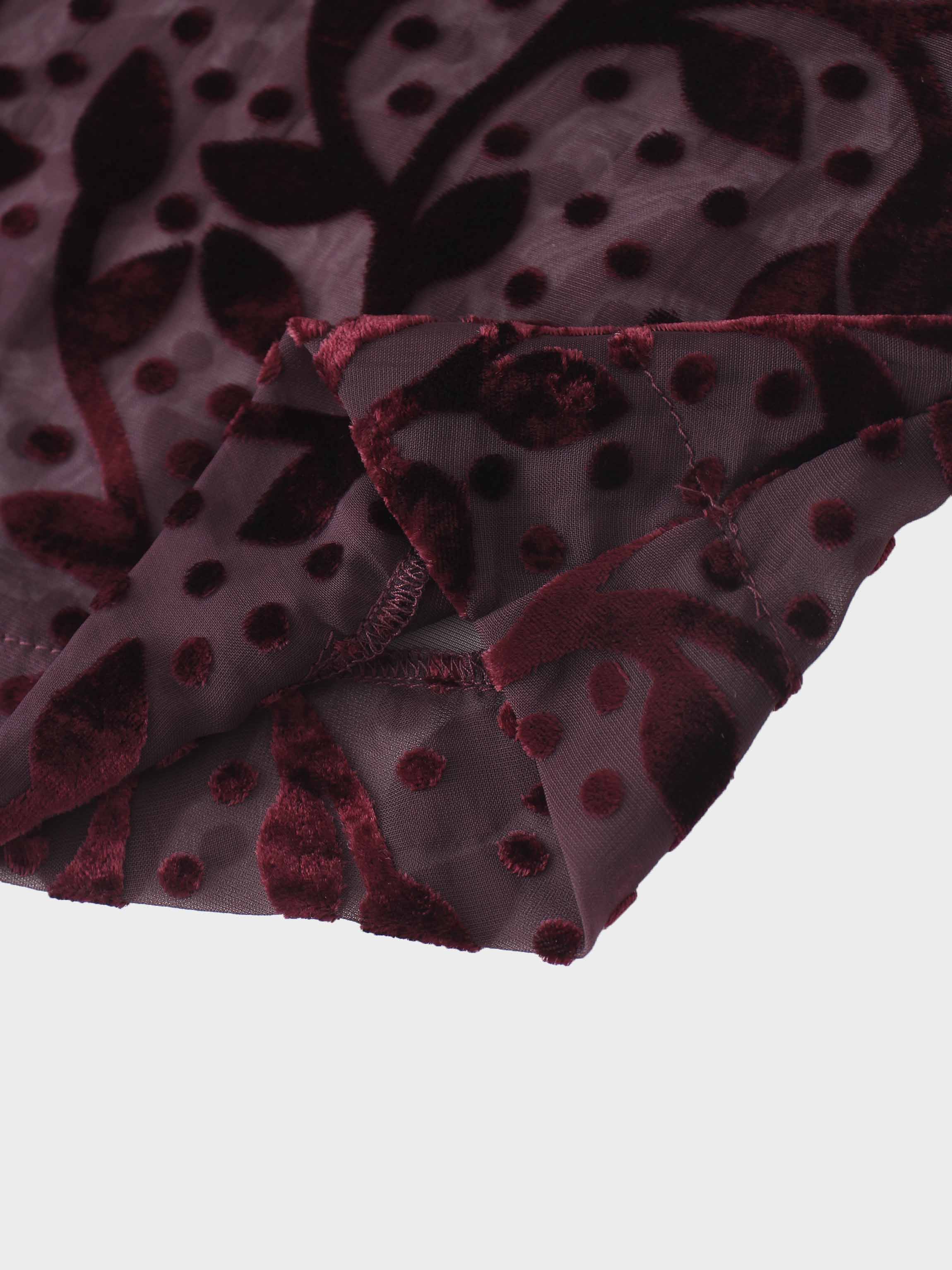 Waisted Yoke Dress-Burgundy Velvet Leaves