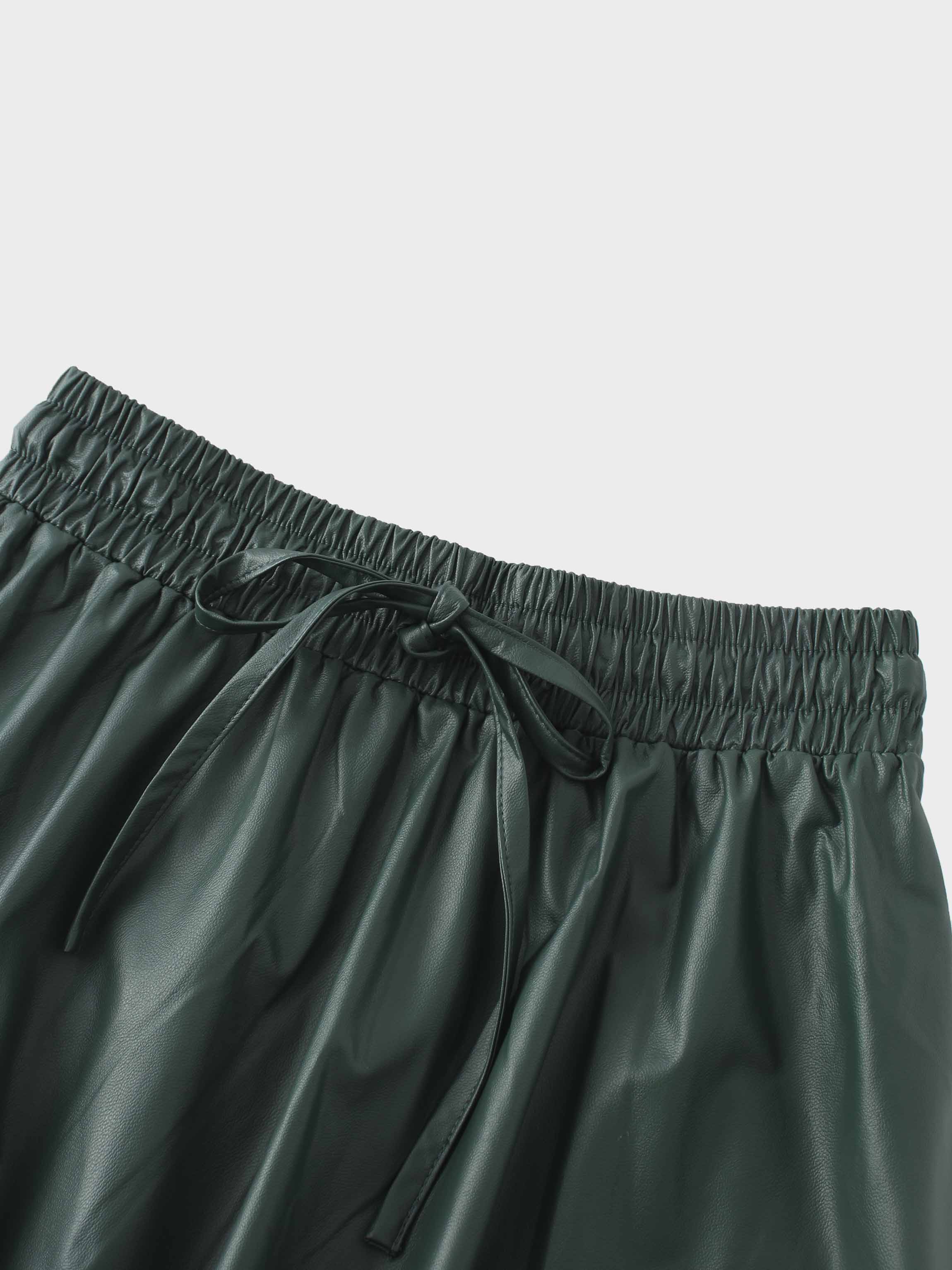 Drawstring Faux Leather Skirt-Hunter Green