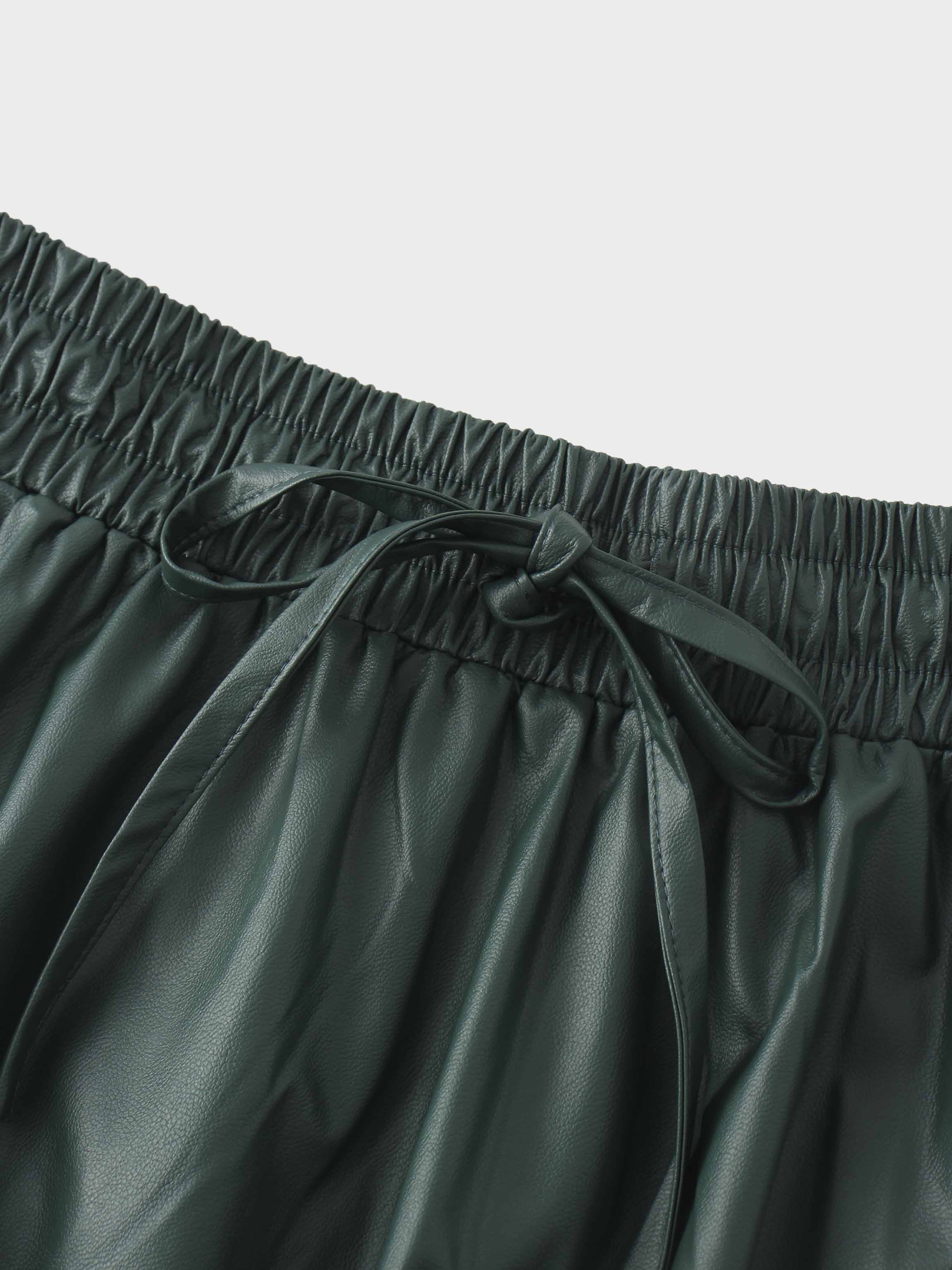 Drawstring Faux Leather Skirt-Hunter Green