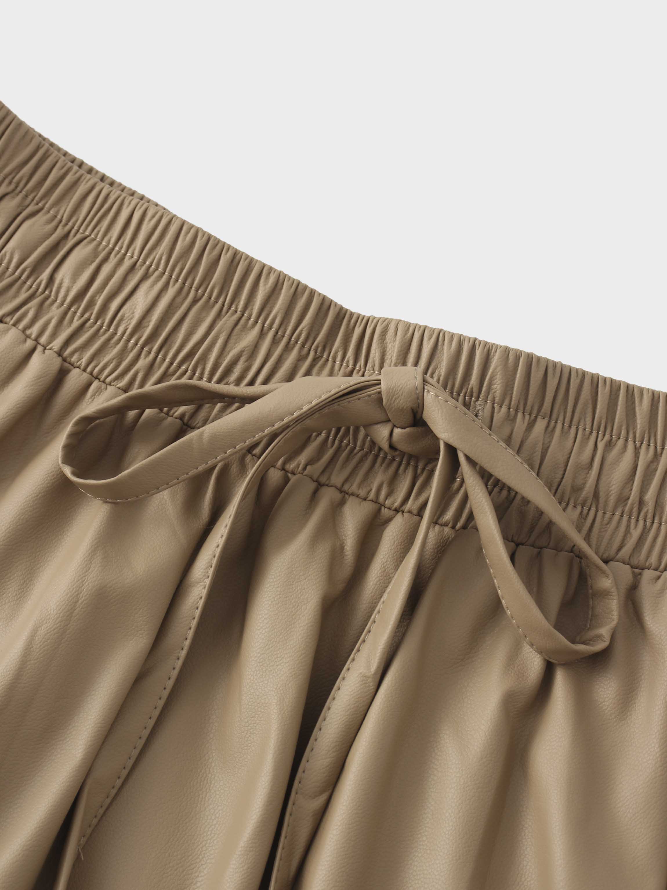 Drawstring Faux Leather Skirt-Camel
