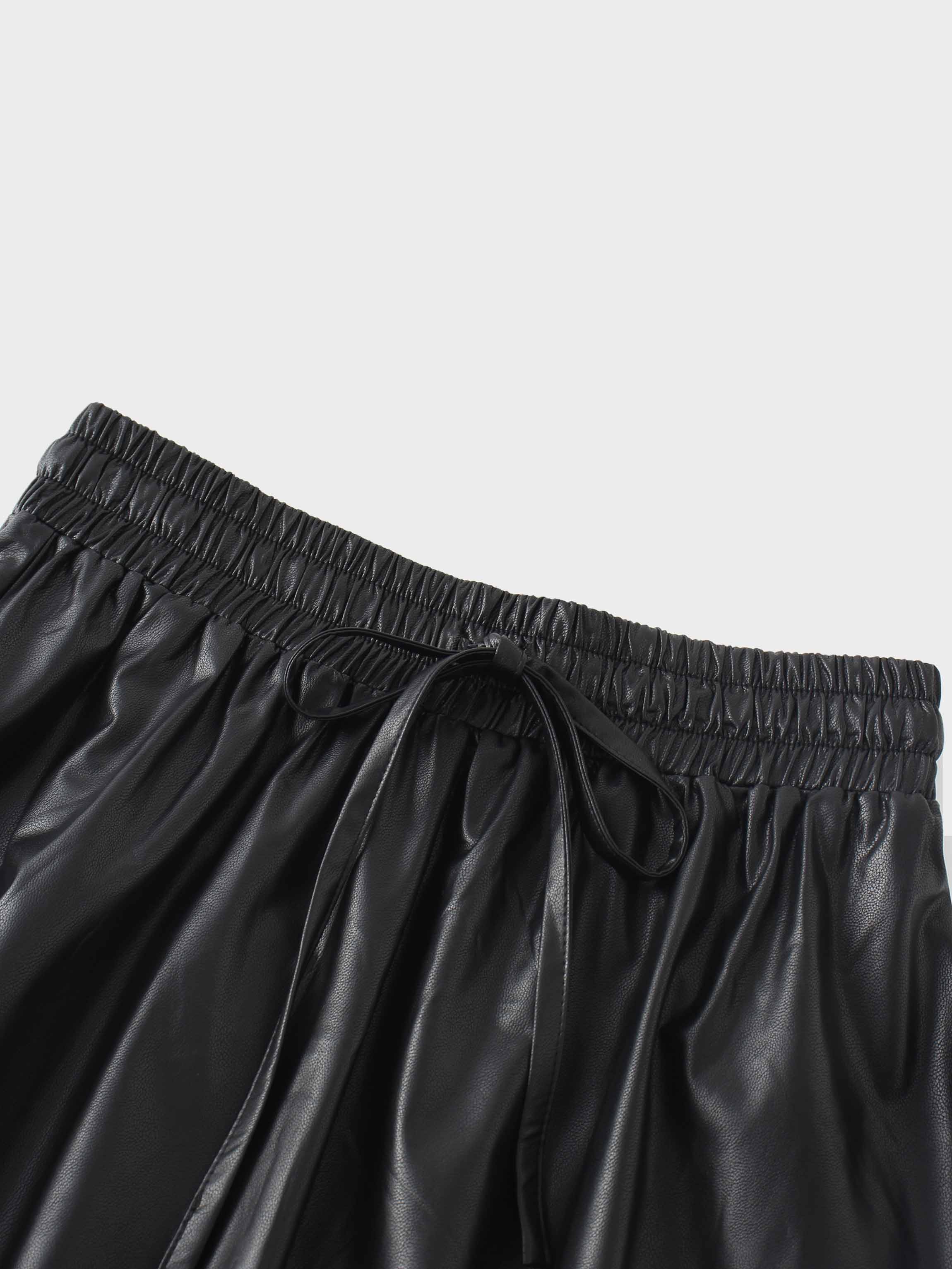 Drawstring Faux Leather Skirt-Black