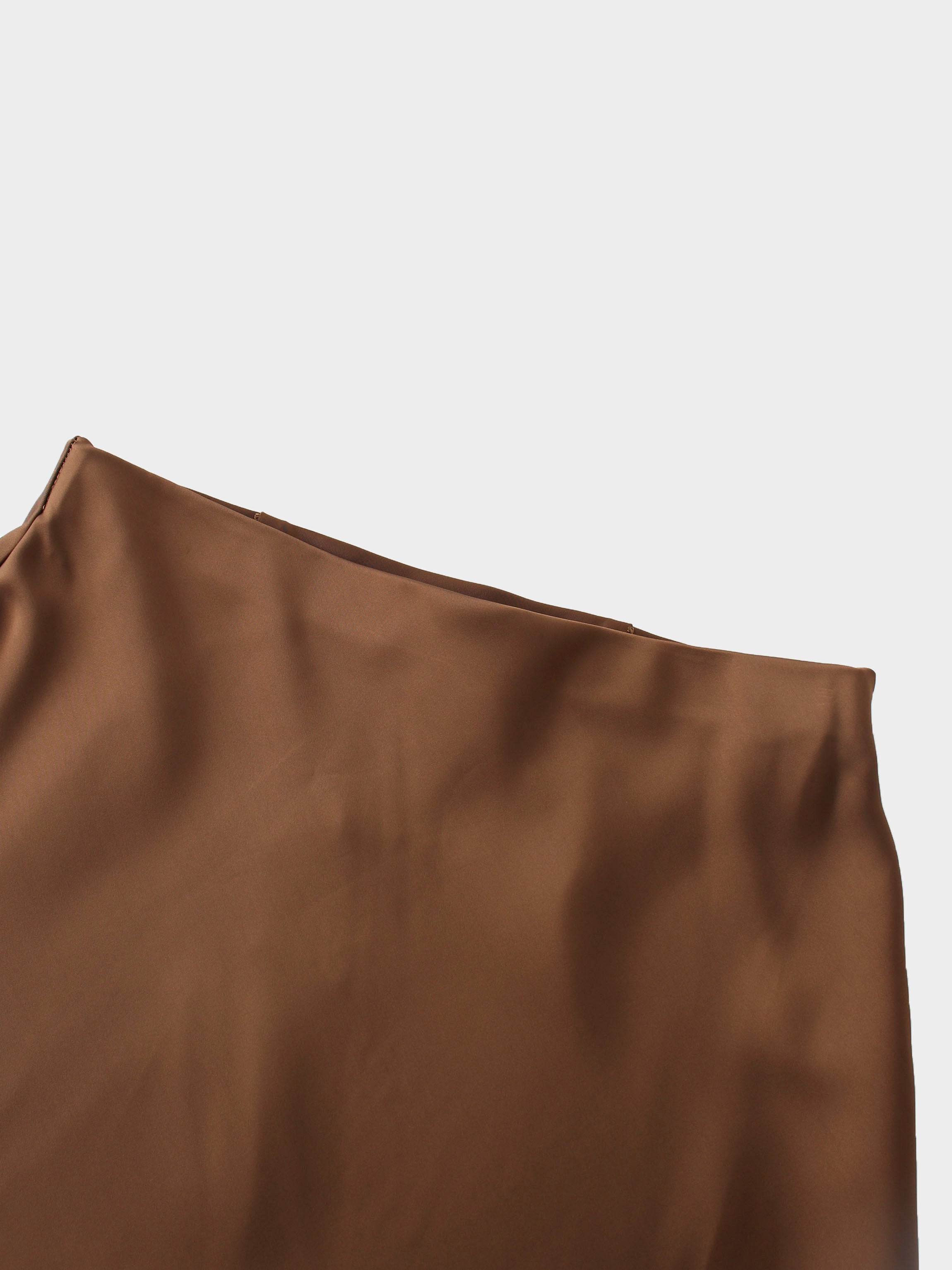 Solid Faux Satin Slip Skirt-Brown