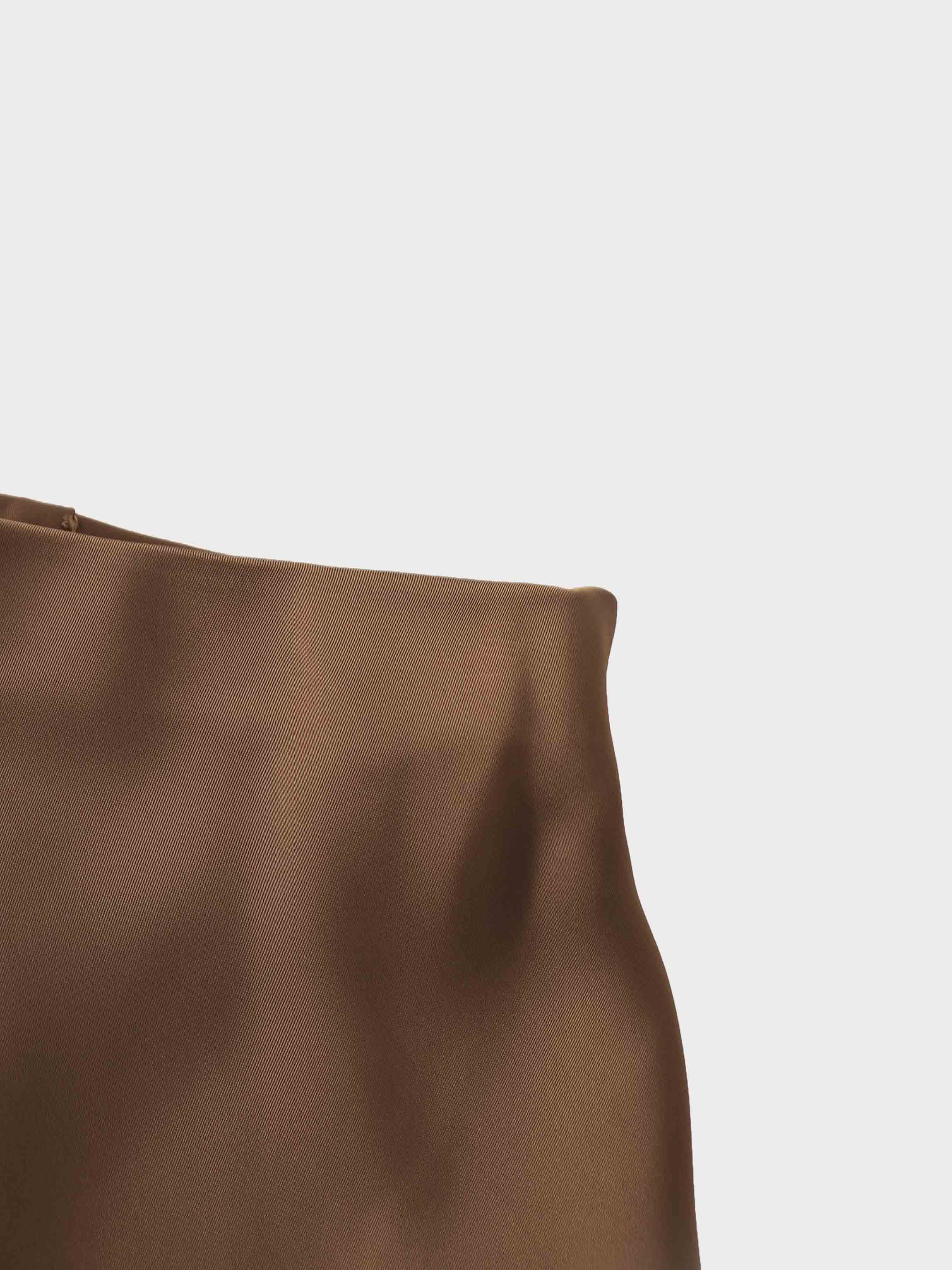 Solid Faux Satin Slip Skirt-Brown