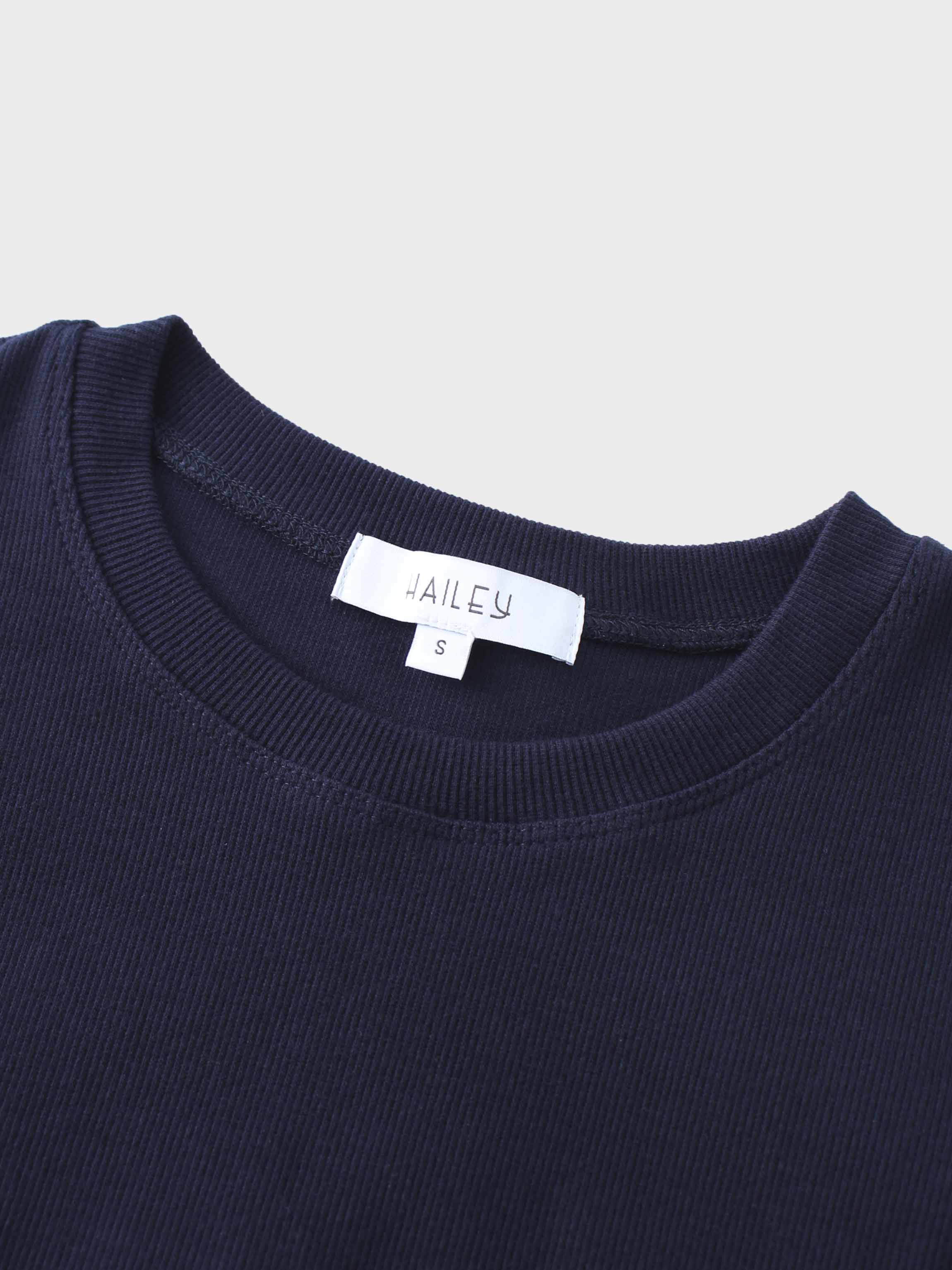 Ribbed Crew Neck Puff Sleeve Top-Navy