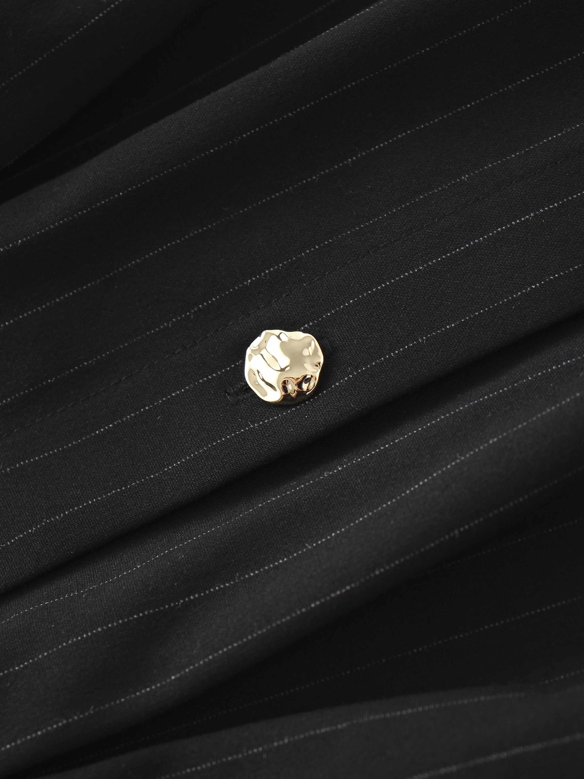 Pleat Waist Pinstripe Button Down Dress-Black