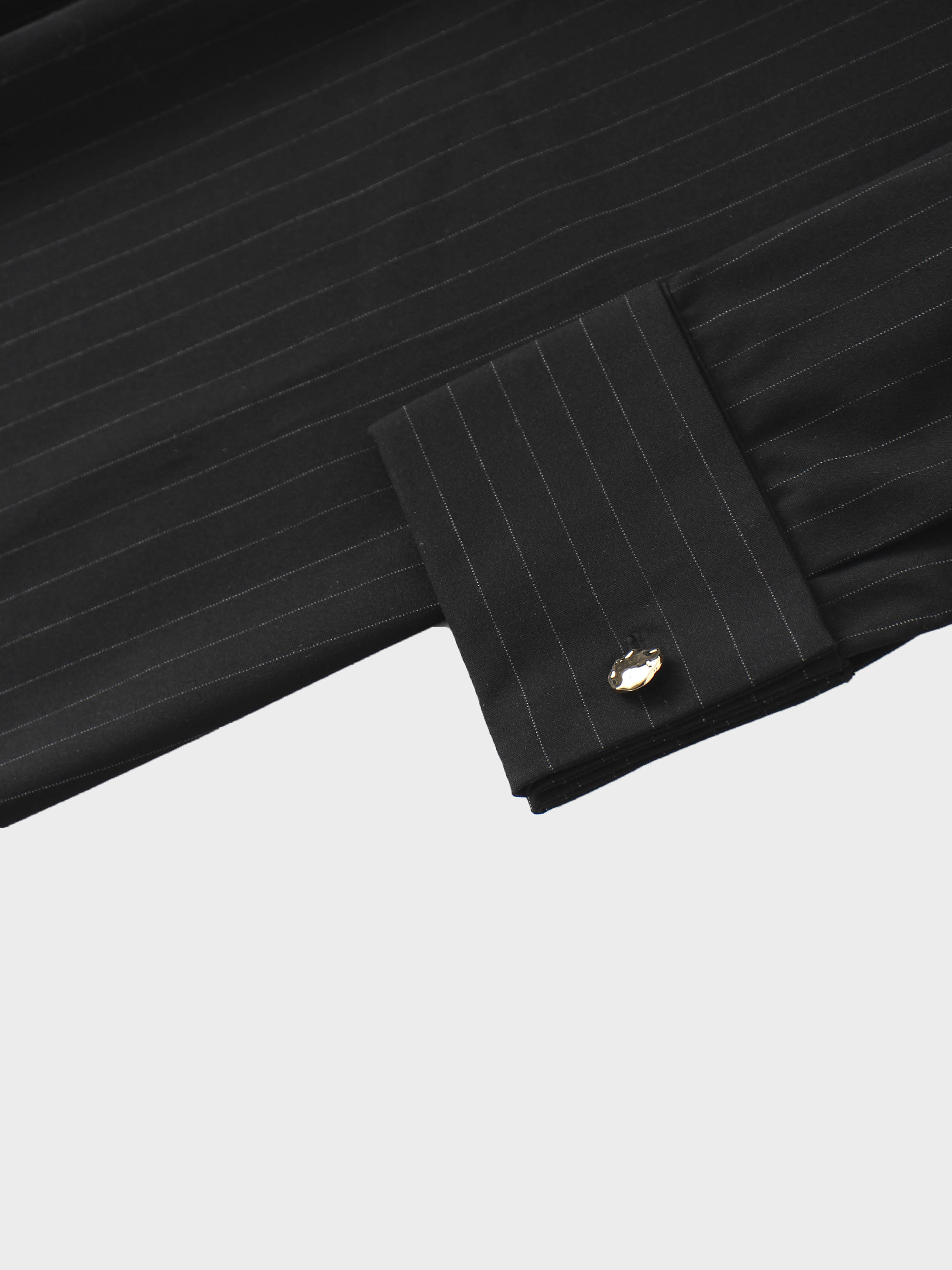 Pleat Waist Pinstripe Button Down Dress-Black