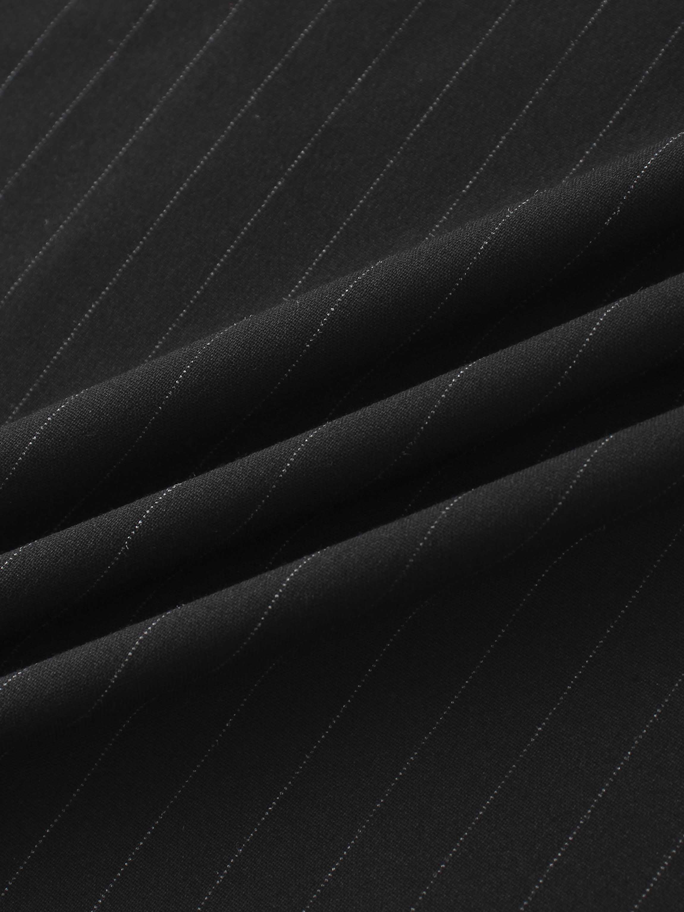 Pleat Waist Pinstripe Button Down Dress-Black