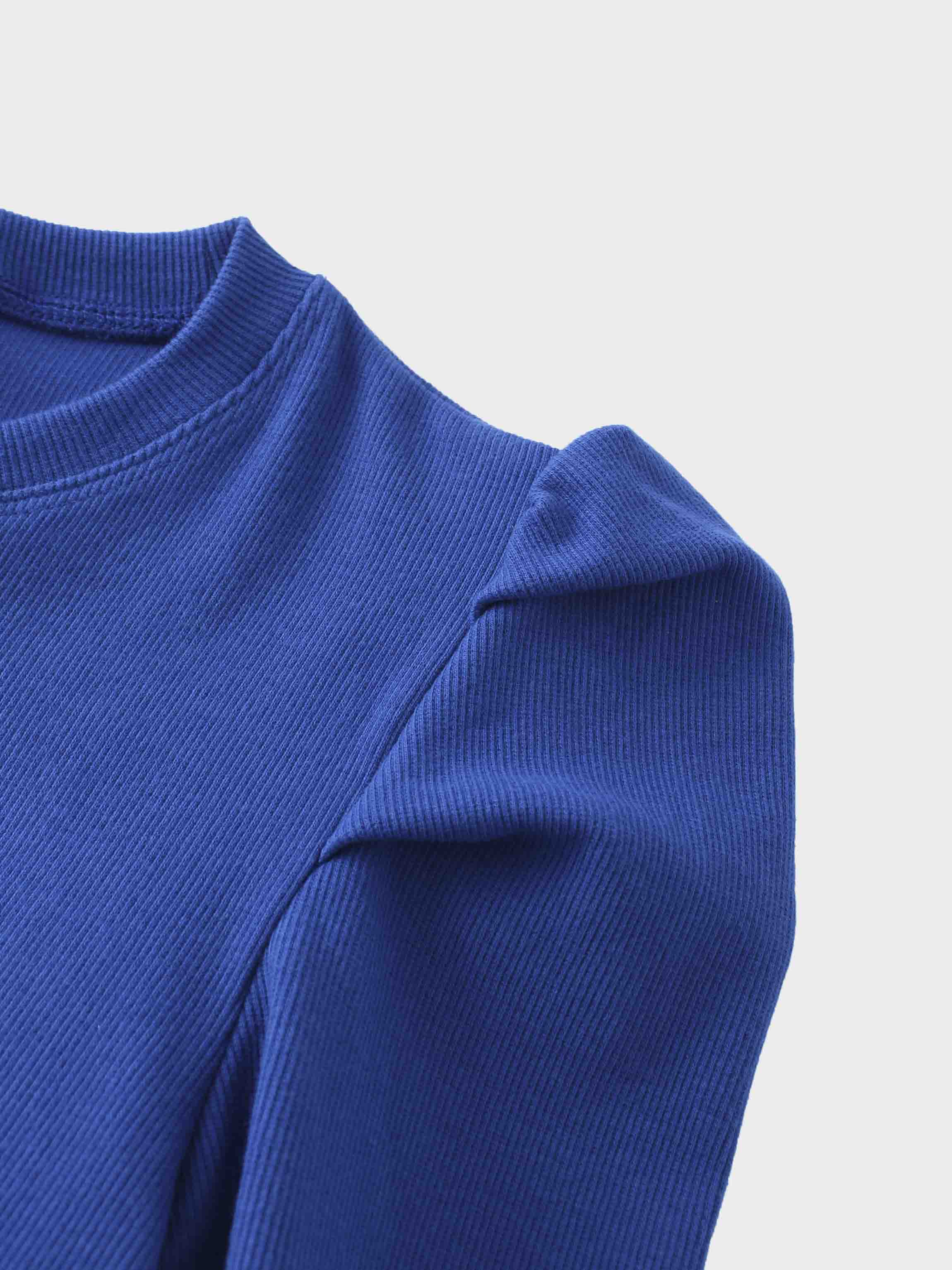 Ribbed Crew Neck Puff Sleeve Top-Royal Blue