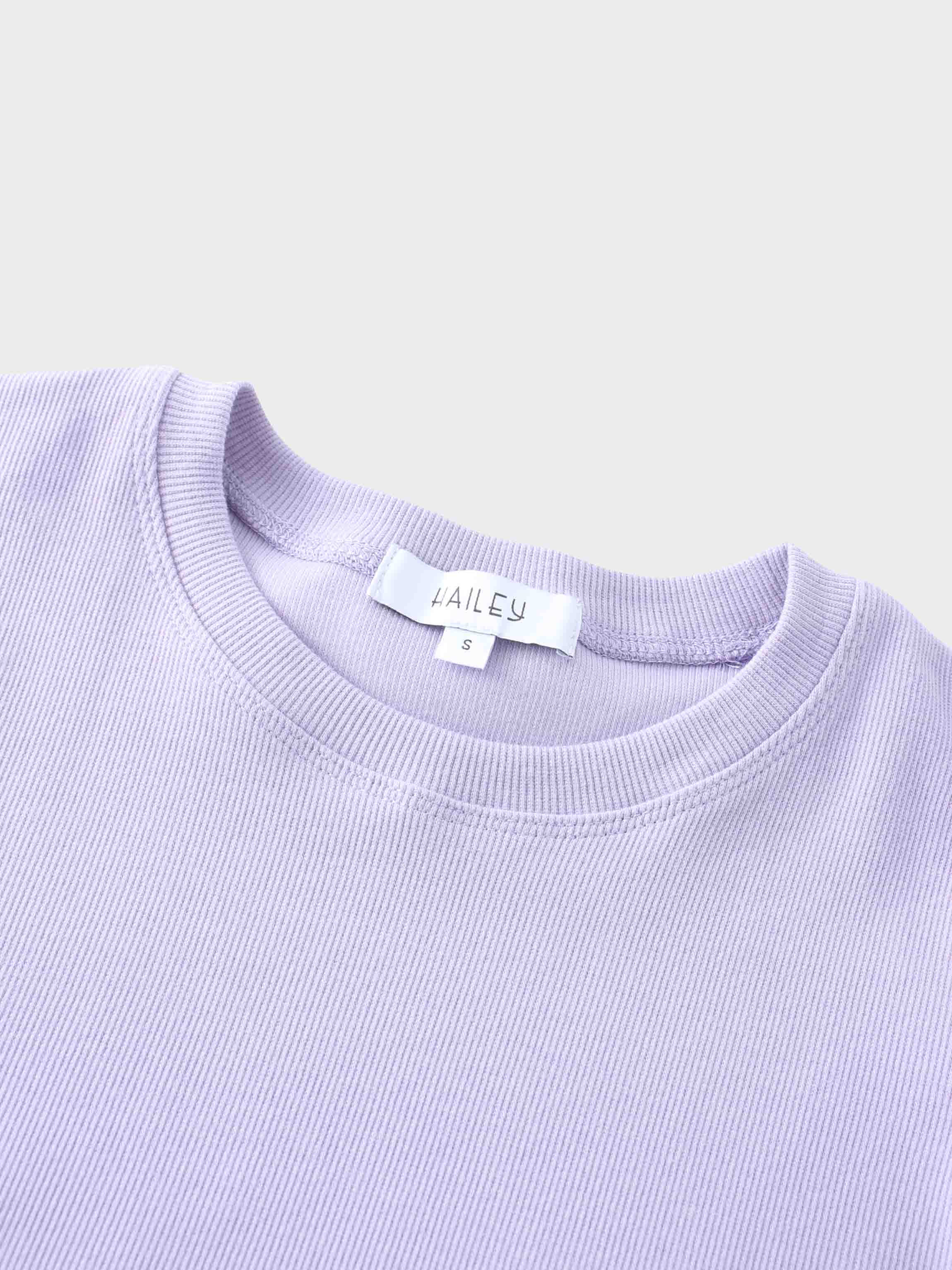 Ribbed Crew Neck Puff Sleeve Top-Lavender