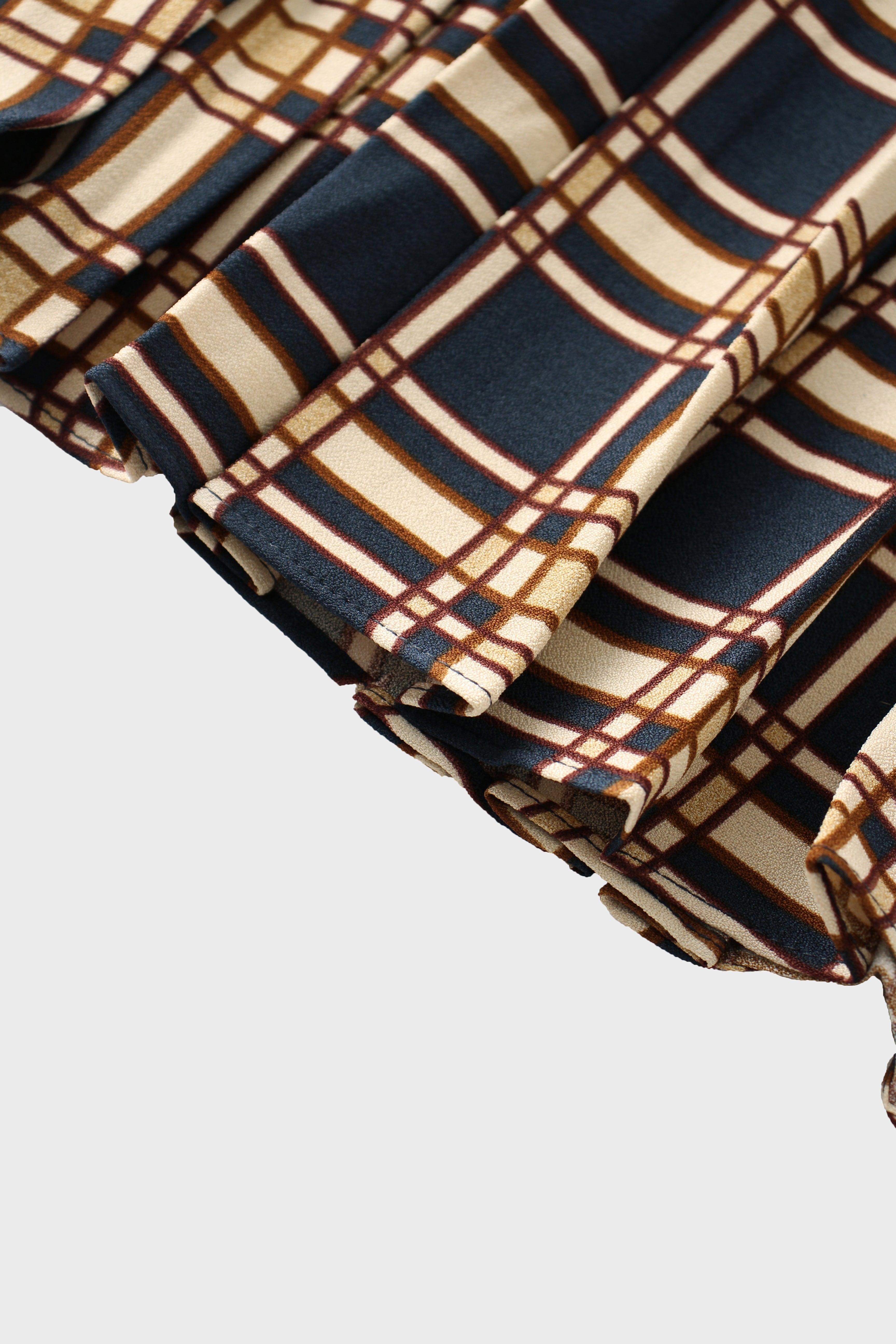 Covered Band Pleated Skirt-Navy Plaid