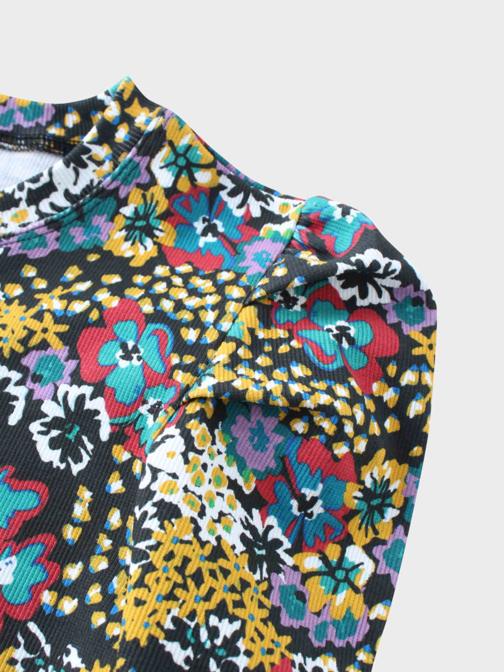 Ribbed Crew Neck Puff Sleeve Top-Colored Floral