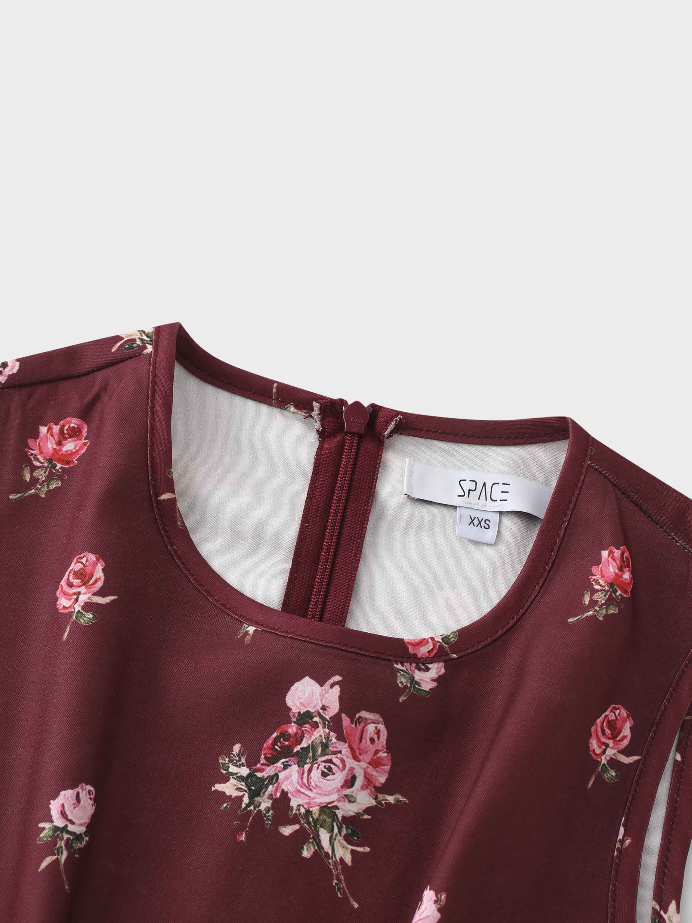 Pleated Bottom Slip Dress-Burgundy Floral