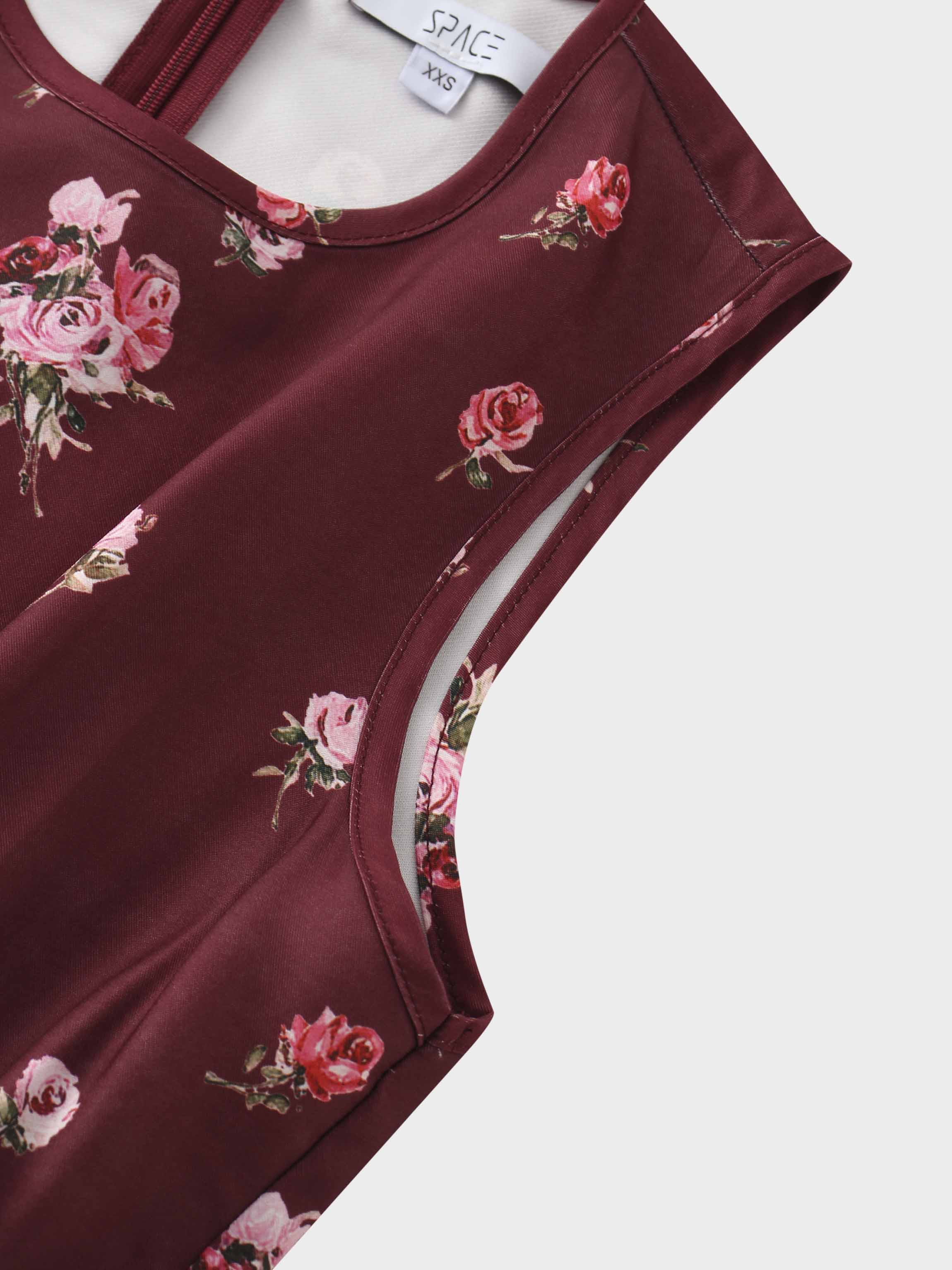 Pleated Bottom Slip Dress-Burgundy Floral
