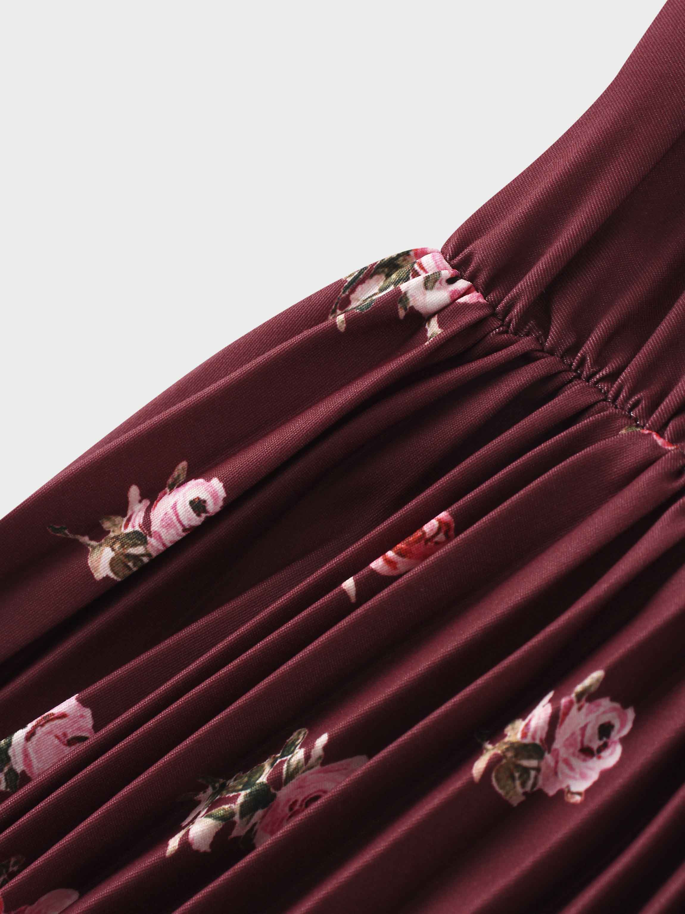 Pleated Bottom Slip Dress-Burgundy Floral