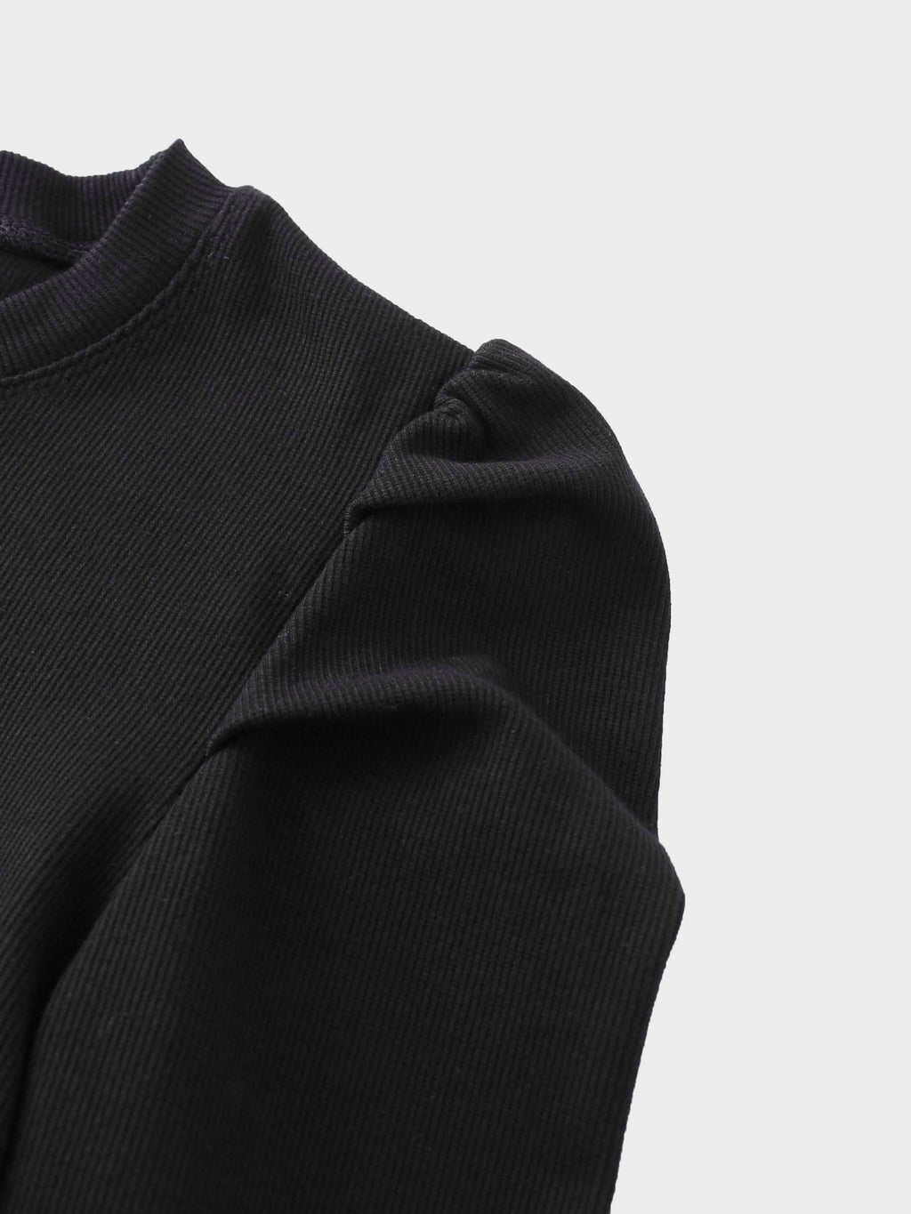 Ribbed Crew Neck Puff Sleeve Top-Black