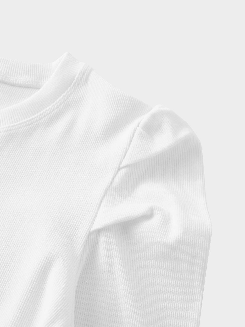 Ribbed Crew Neck Puff Sleeve Top-White