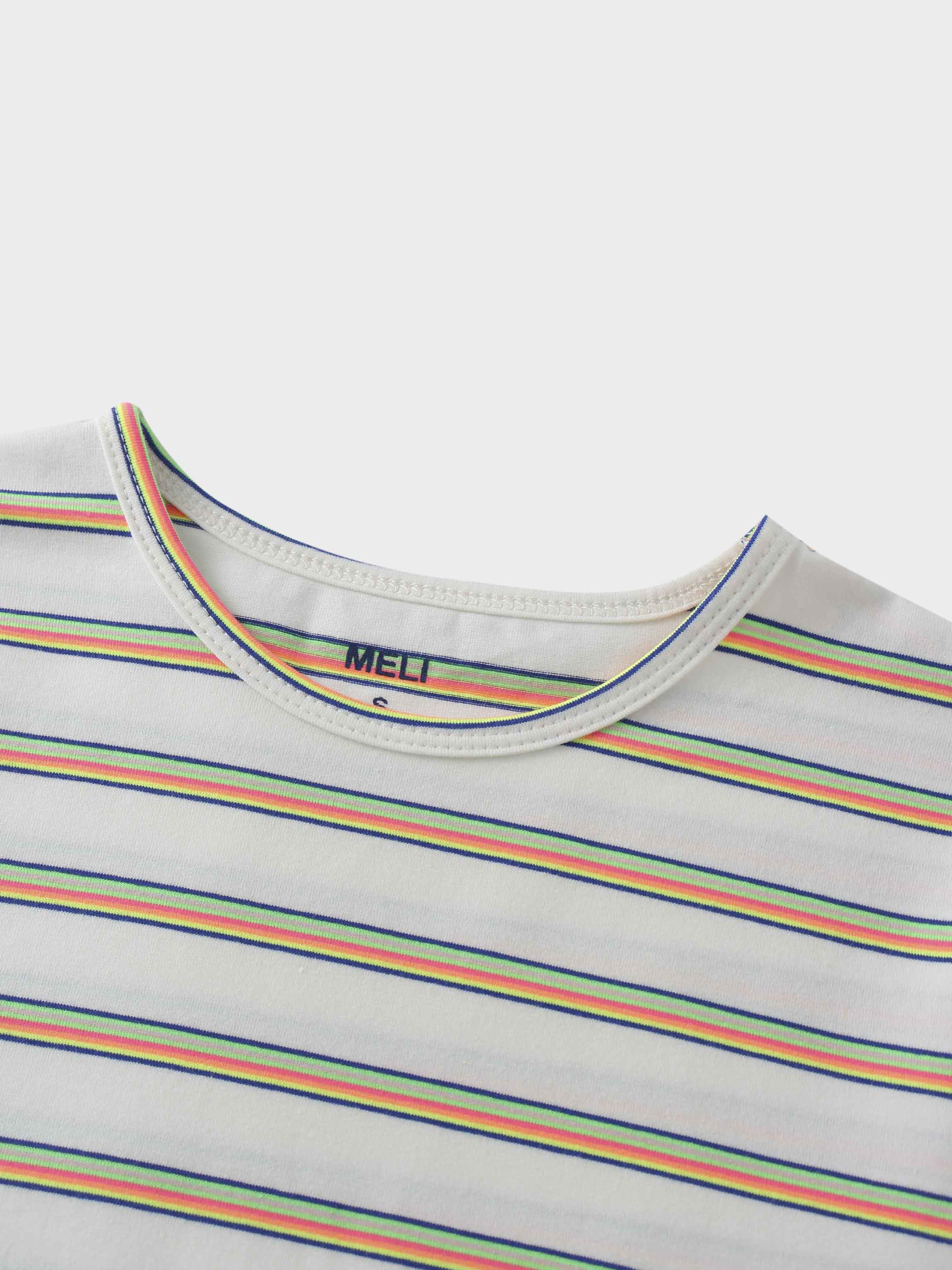Flat Striped Crew Tee 3Q-White/Neon Stripe