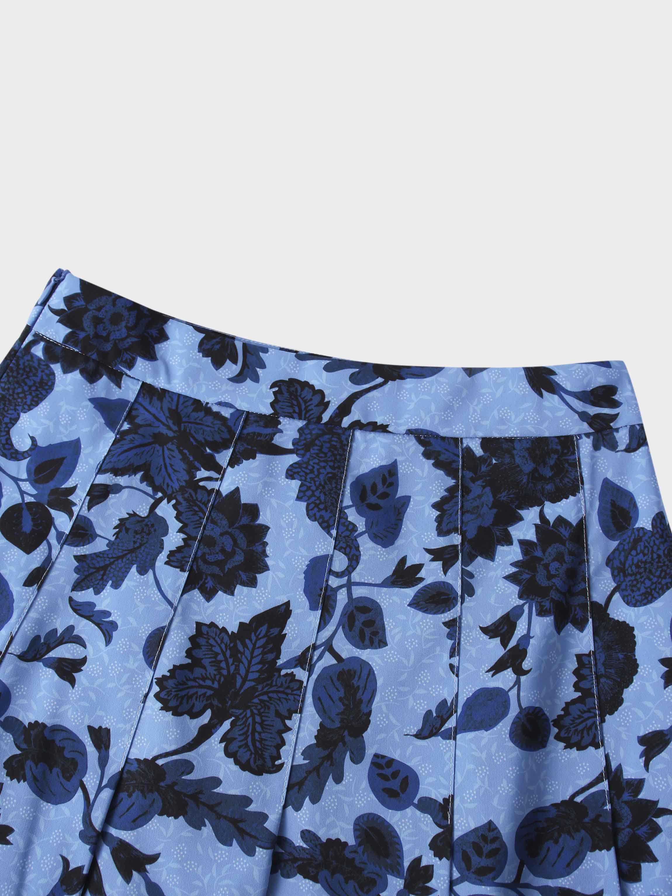 Printed Box Pleat Skirt-Blue Floral