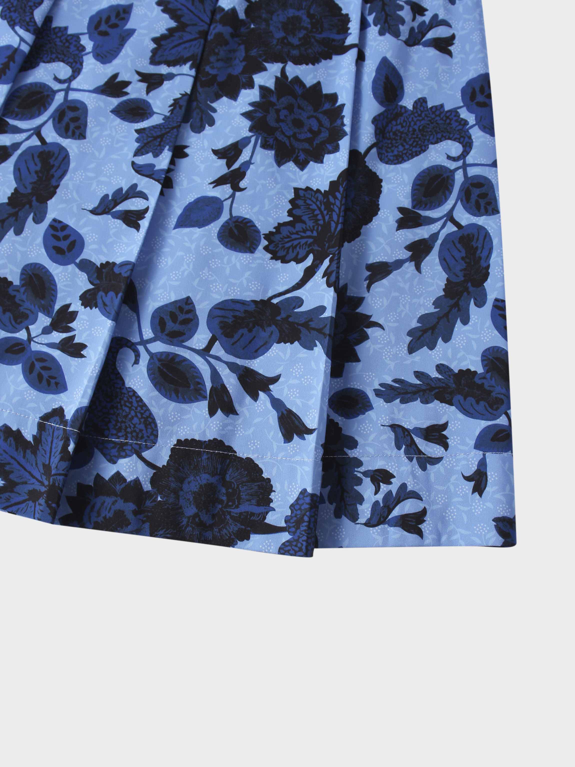 Printed Box Pleat Skirt-Blue Floral