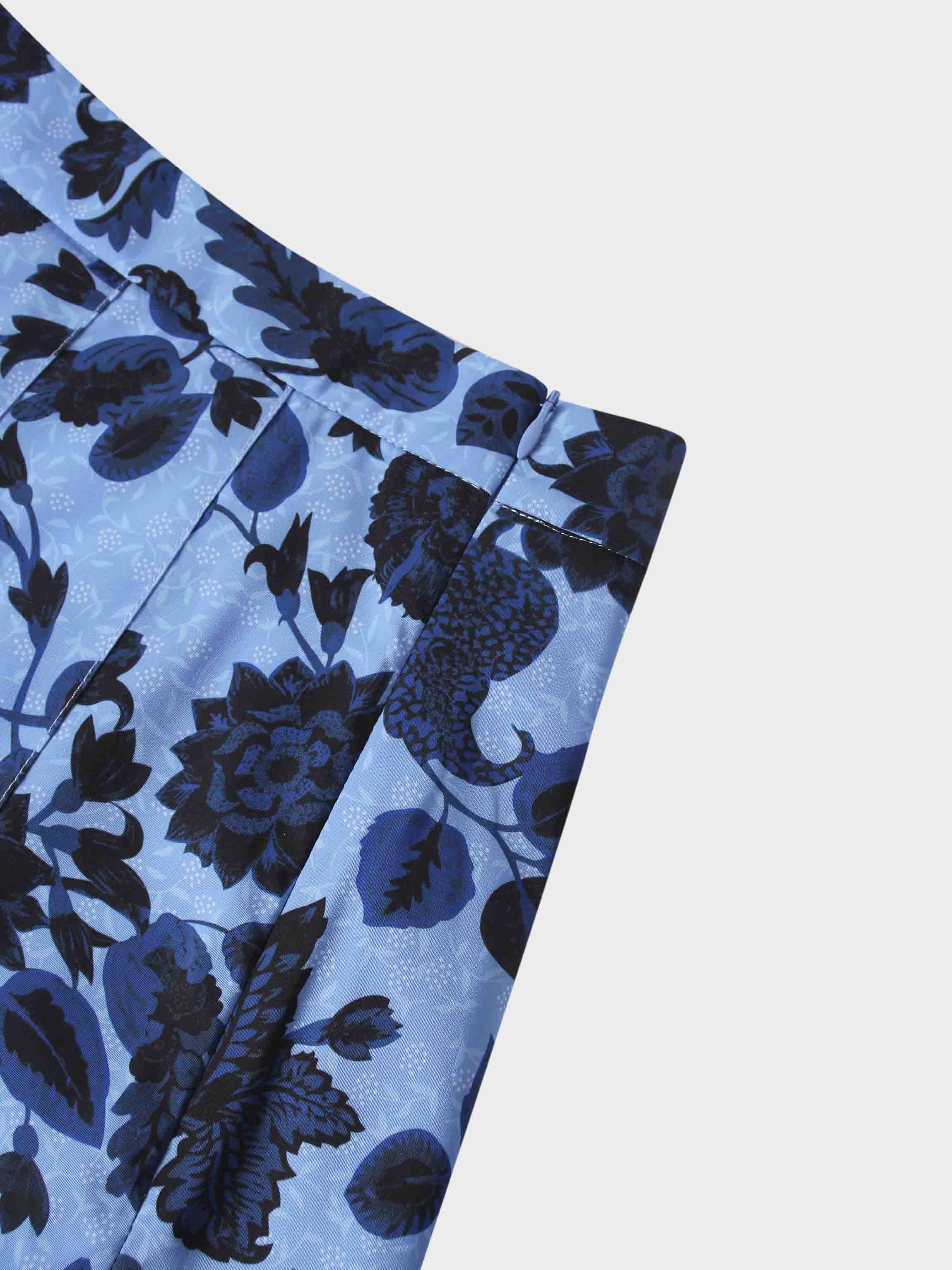 Printed Box Pleat Skirt-Blue Floral