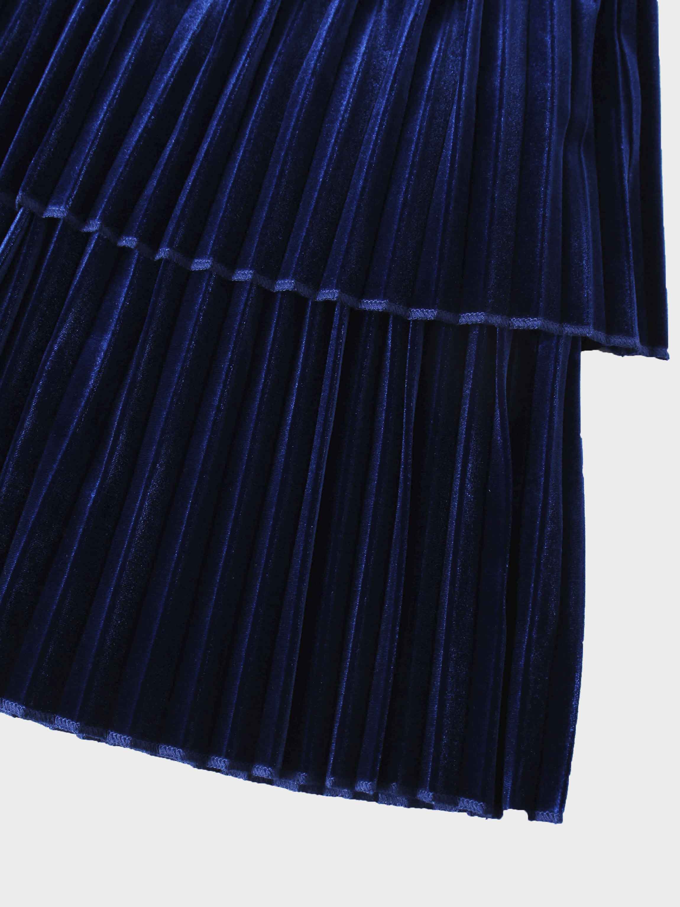 Double Layer Pleated Bottom Velvet Skirt-Navy