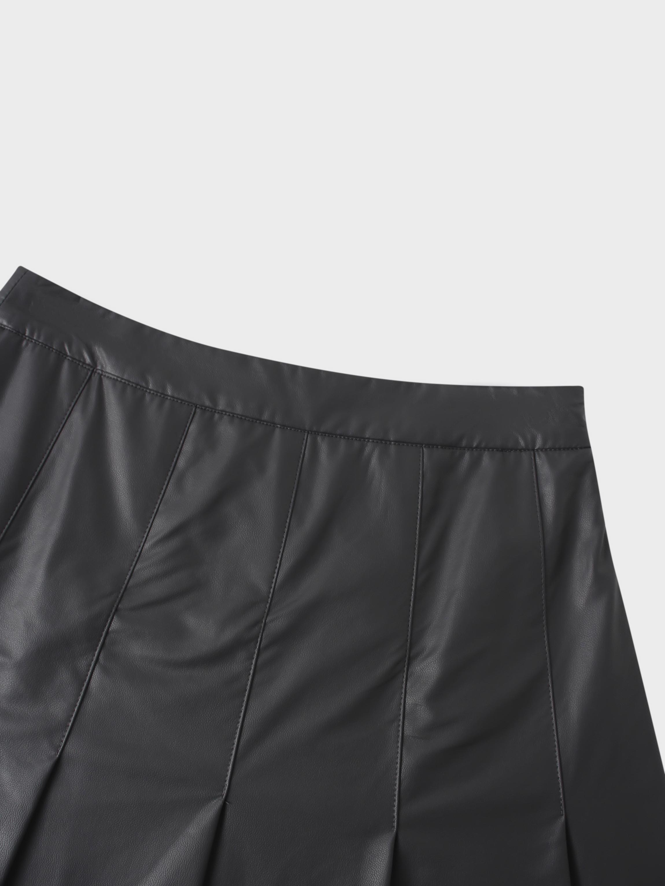 Faux Leather Stitch Down Pleated Skirt-Grey