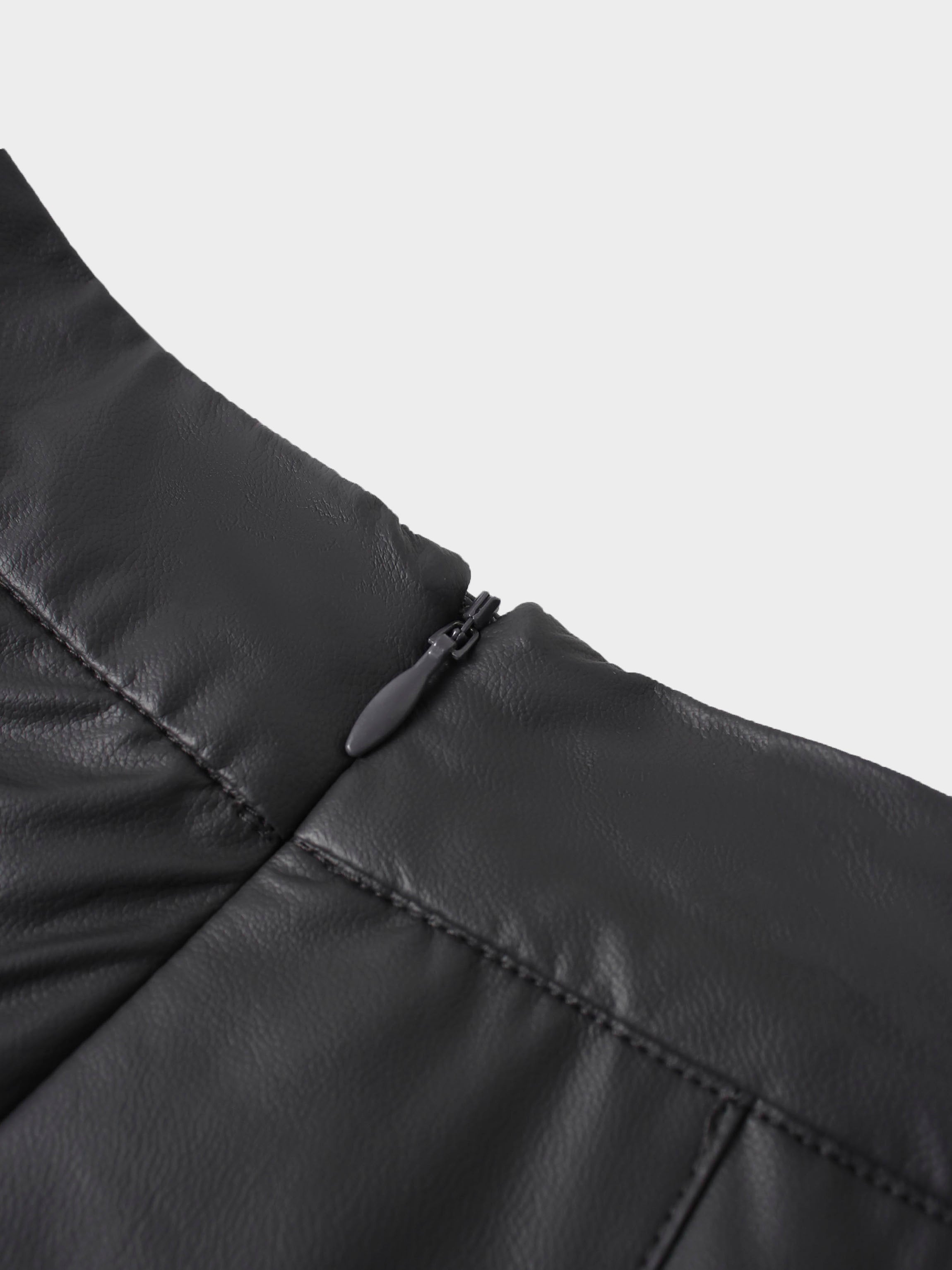 Faux Leather Stitch Down Pleated Skirt-Grey