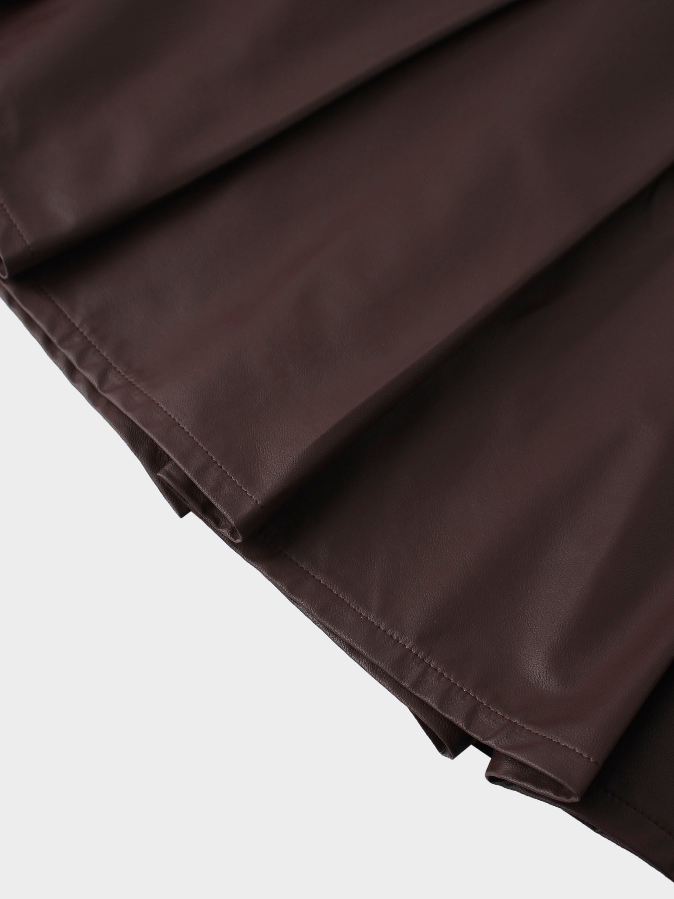 Faux Leather Stitch Down Pleated Skirt-Brown