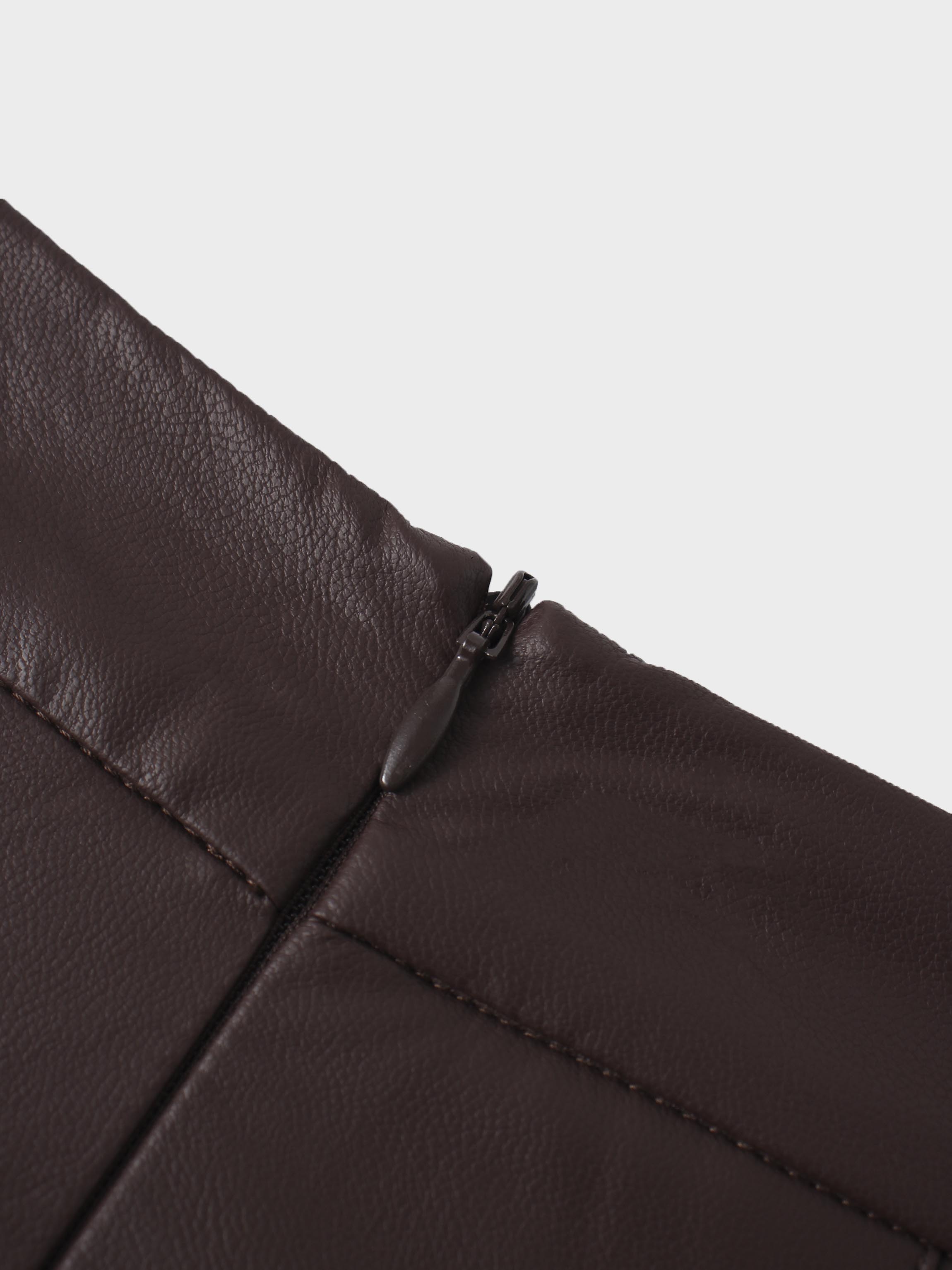 Faux Leather Stitch Down Pleated Skirt-Brown