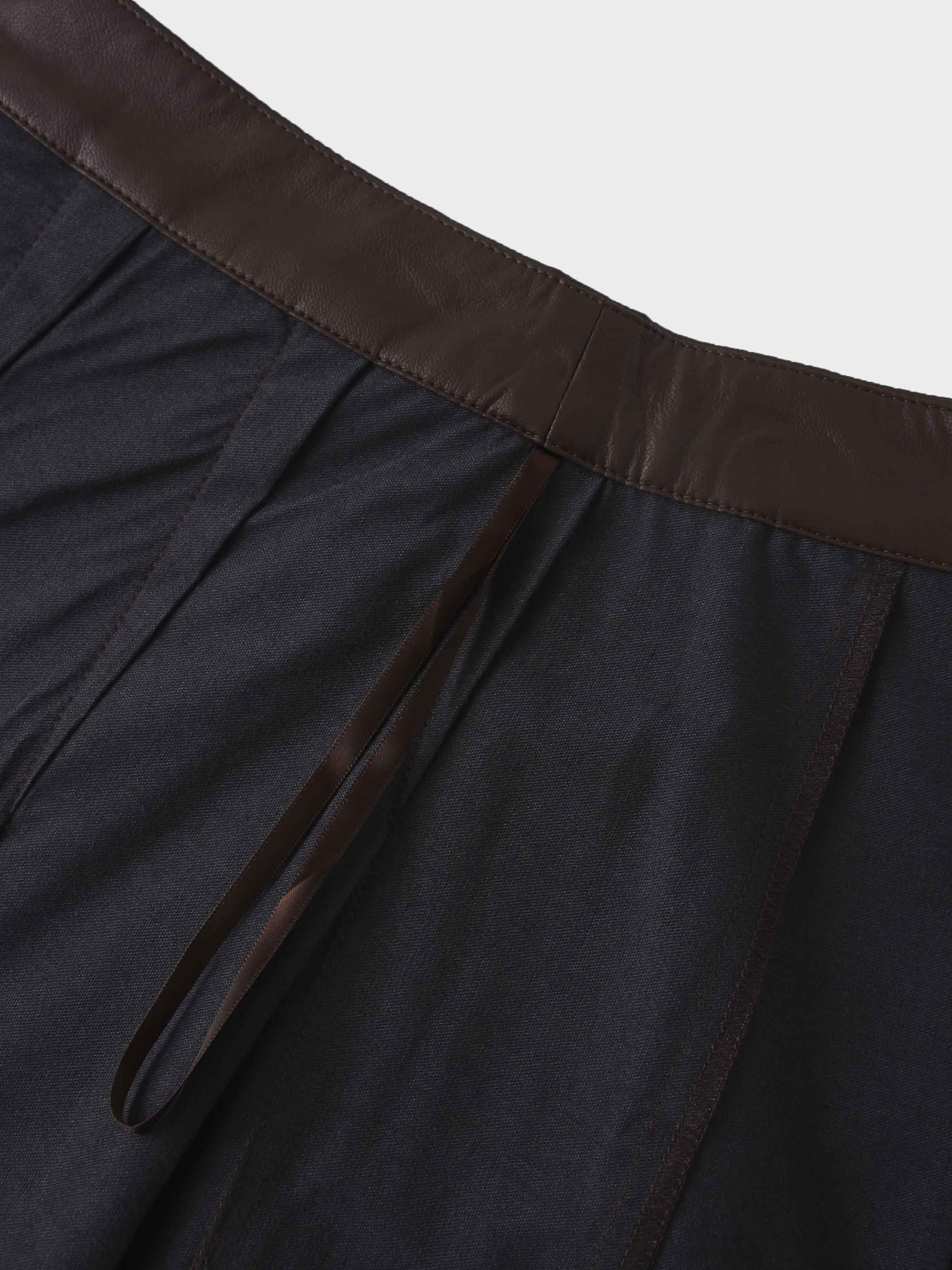 Faux Leather Stitch Down Pleated Skirt-Brown