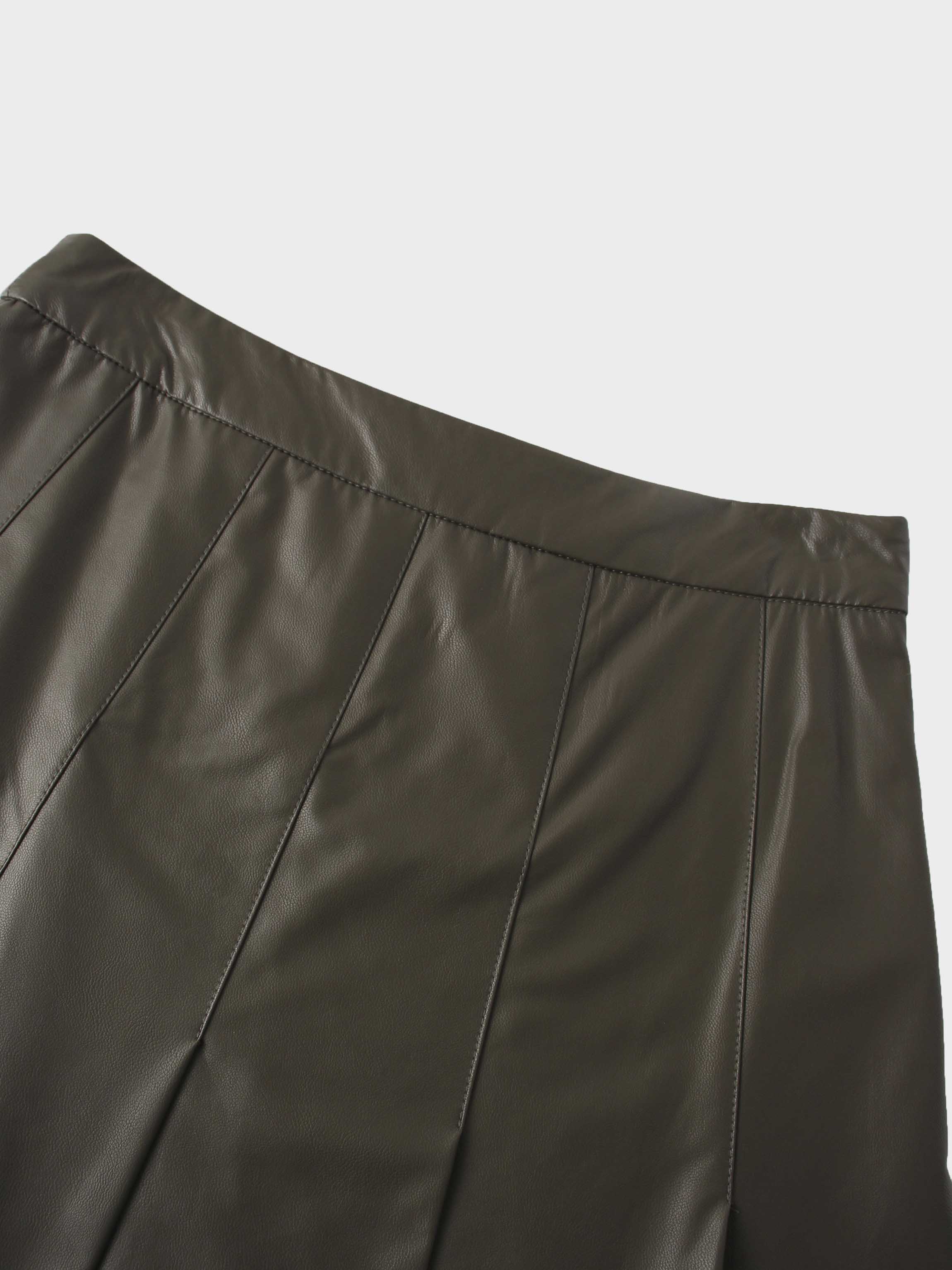 Faux Leather Stitch Down Pleated Skirt-Olive Green