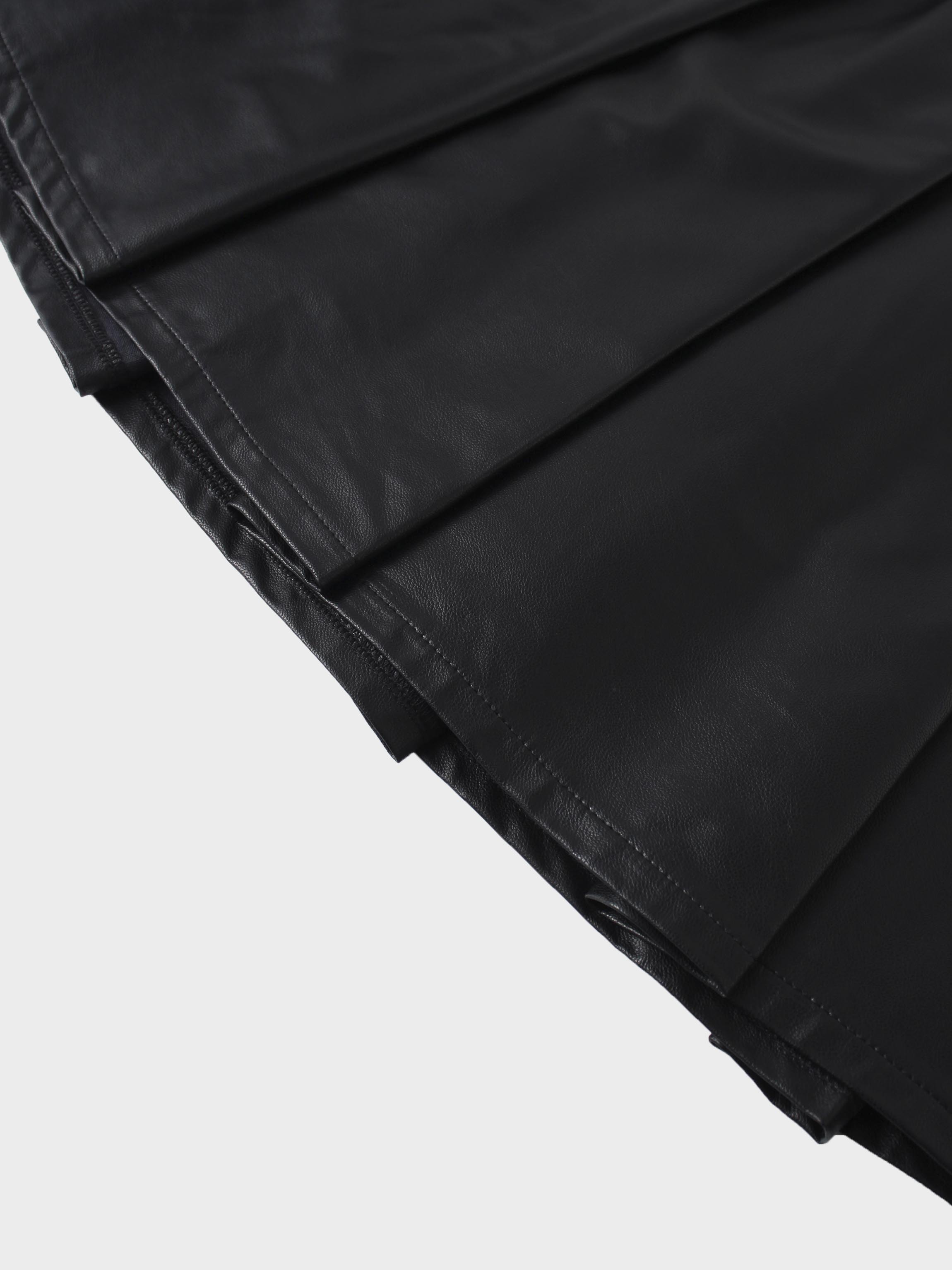 Faux Leather Stitch Down Pleated Skirt-Black