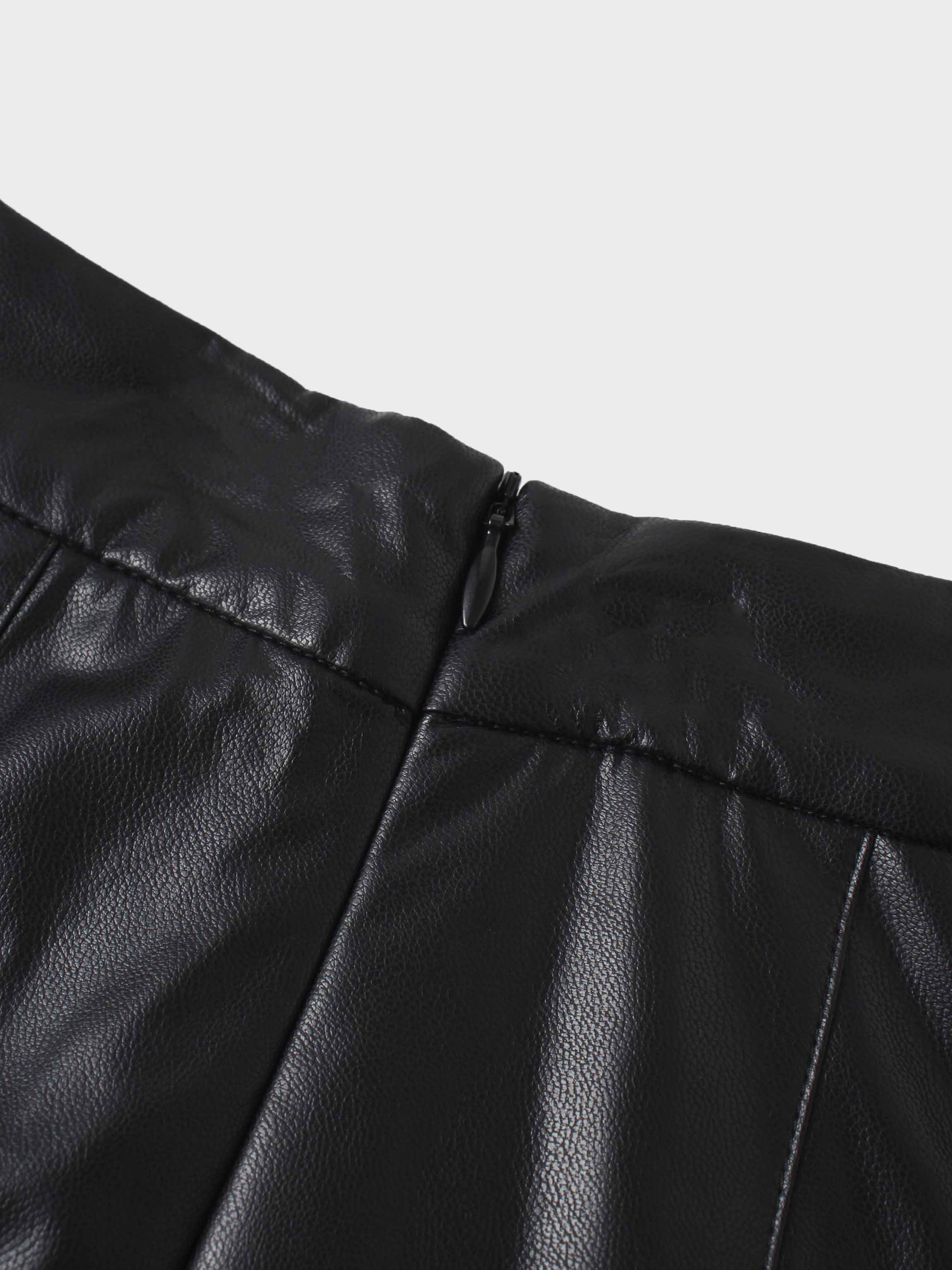 Faux Leather Stitch Down Pleated Skirt-Black