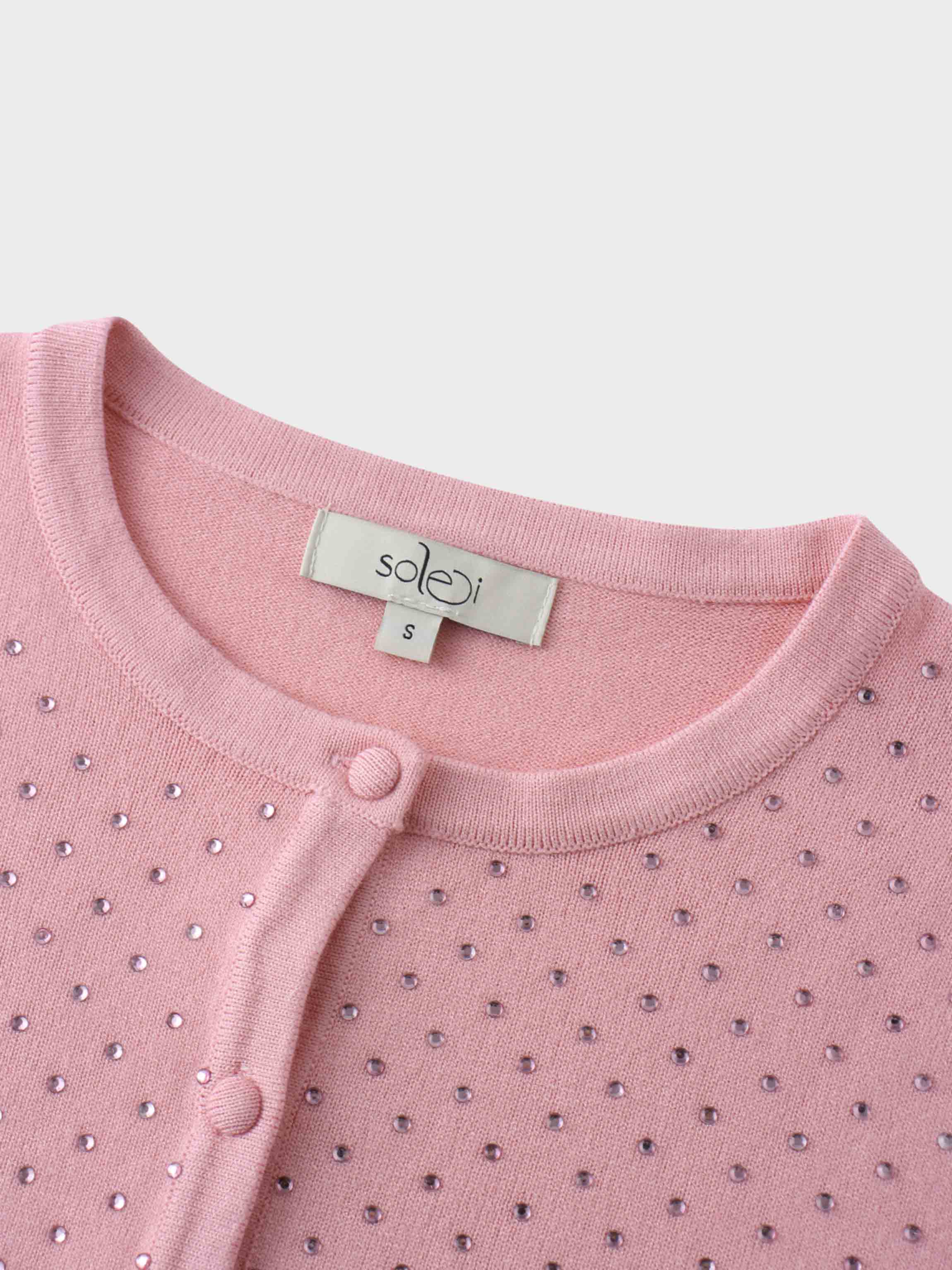 Stone Embellished Crew Cardigan-Pink